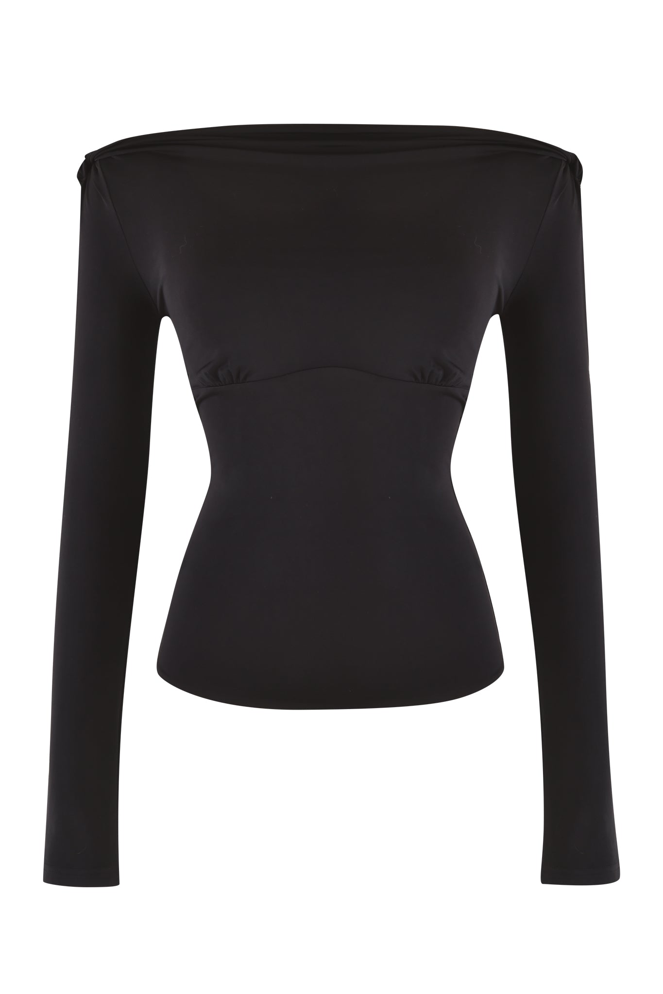 The LORELAI TOP - BLACK by I.AM.GIA, an off-the-shoulder bodycon silhouette, is displayed on a plain white background. This form-fitting garment features a subtle seam detail under the bust and a smooth, minimalist design.