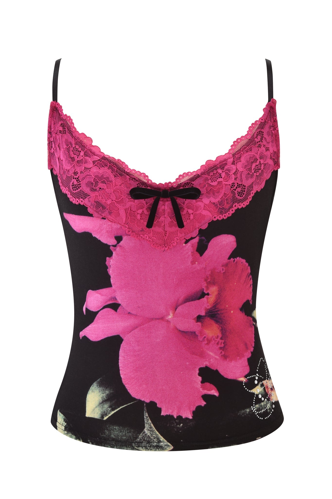 The ADELLA TOP - FUCHSIA by I.AM.GIA is a chic black cami with thin straps, a bold pink floral print, delicate pink lace on the neckline, and a small black bow at the center front.