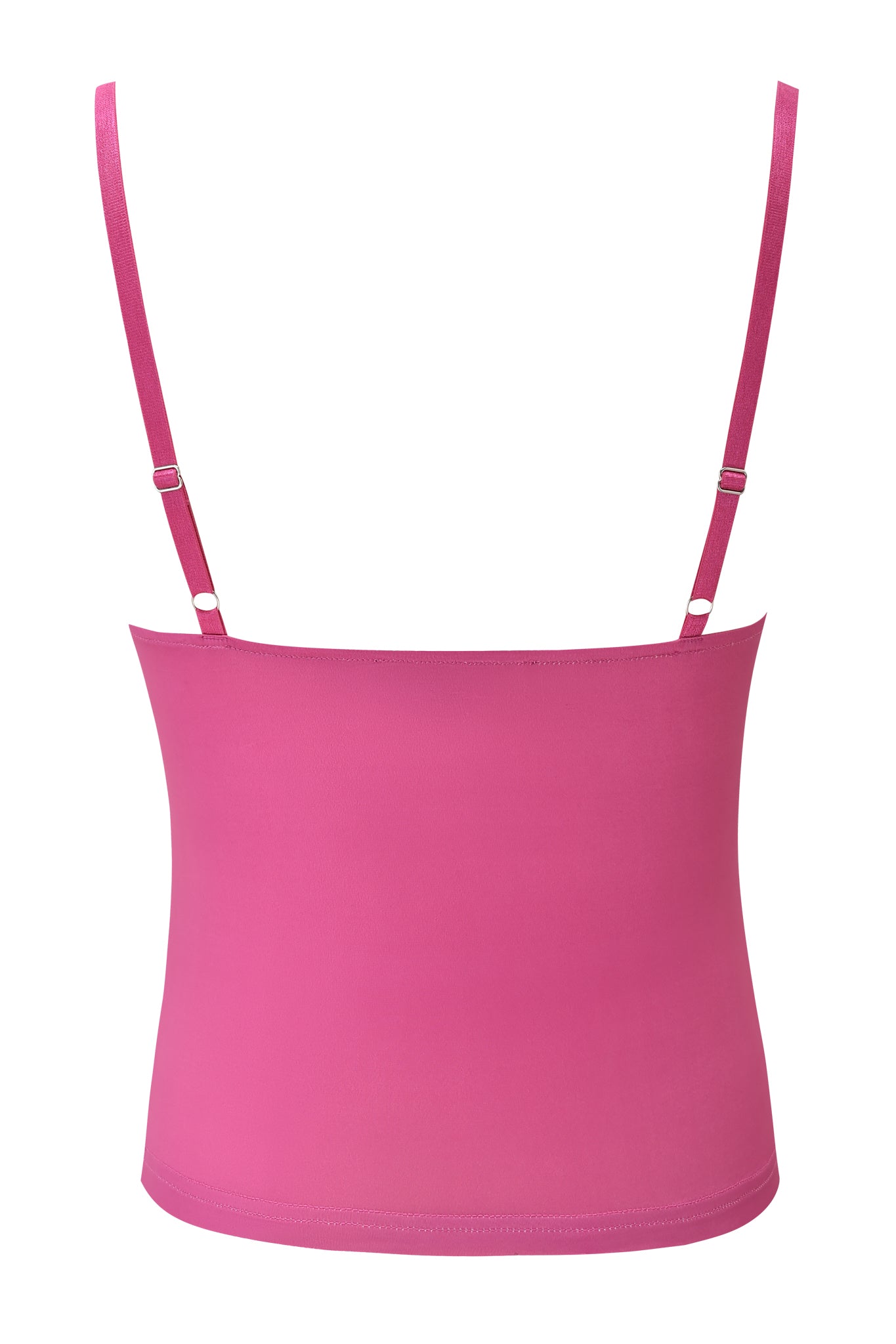 The ODETTA TOP - FUCHSIA by I.AM.GIA is a pink spaghetti strap camisole with adjustable straps and a sleek, smooth design, shown from the back and inspired by the top's classic bodycon silhouette.