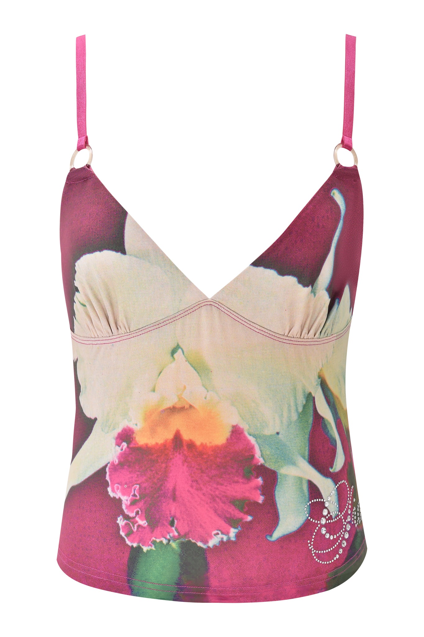 The ODETTA TOP - FUCHSIA by I.AM.GIA is a fitted, sleeveless pink top with thin straps, bold white-and-pink floral print, and sparkly rhinestone accents for a chic bodycon look.