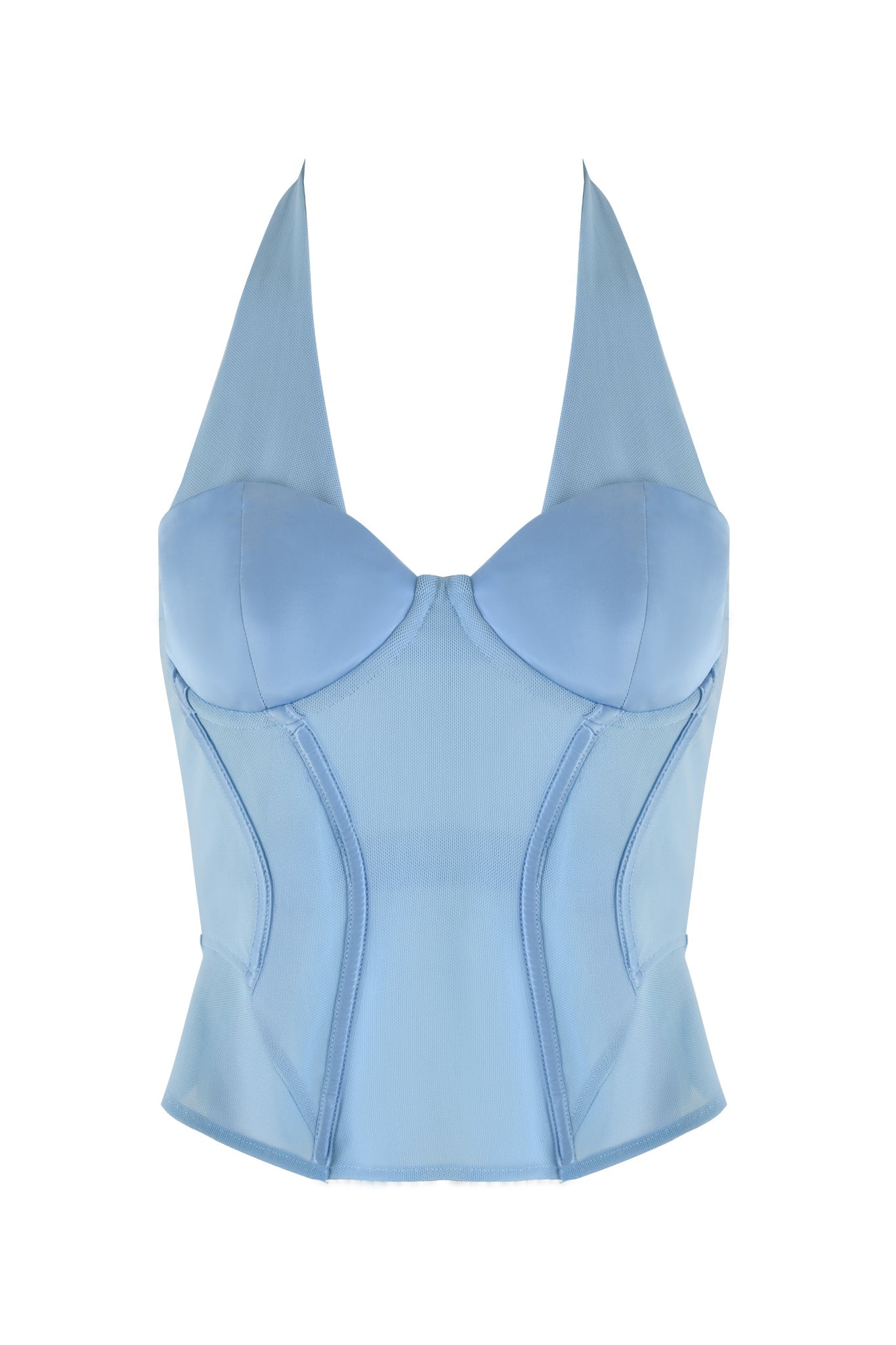 Discover the LOLA CORSET TOP in Baby Blue by I.AM.GIA, featuring a light blue halter neckline with satin bust cups and seam detailing. The fabric is smooth and exudes a luxurious satiny finish.