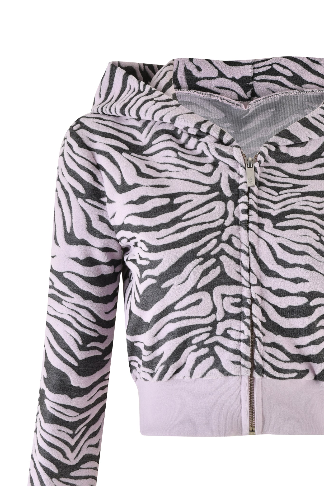 A close-up image of the SOLIS HOODIE - PINK : ZEBRA by I.AM.GIA. The cropped-length hoodie showcases a black-and-white zebra ombre print pattern, complete with a front zipper and ribbed cuffs and waistband. The background is plain white.