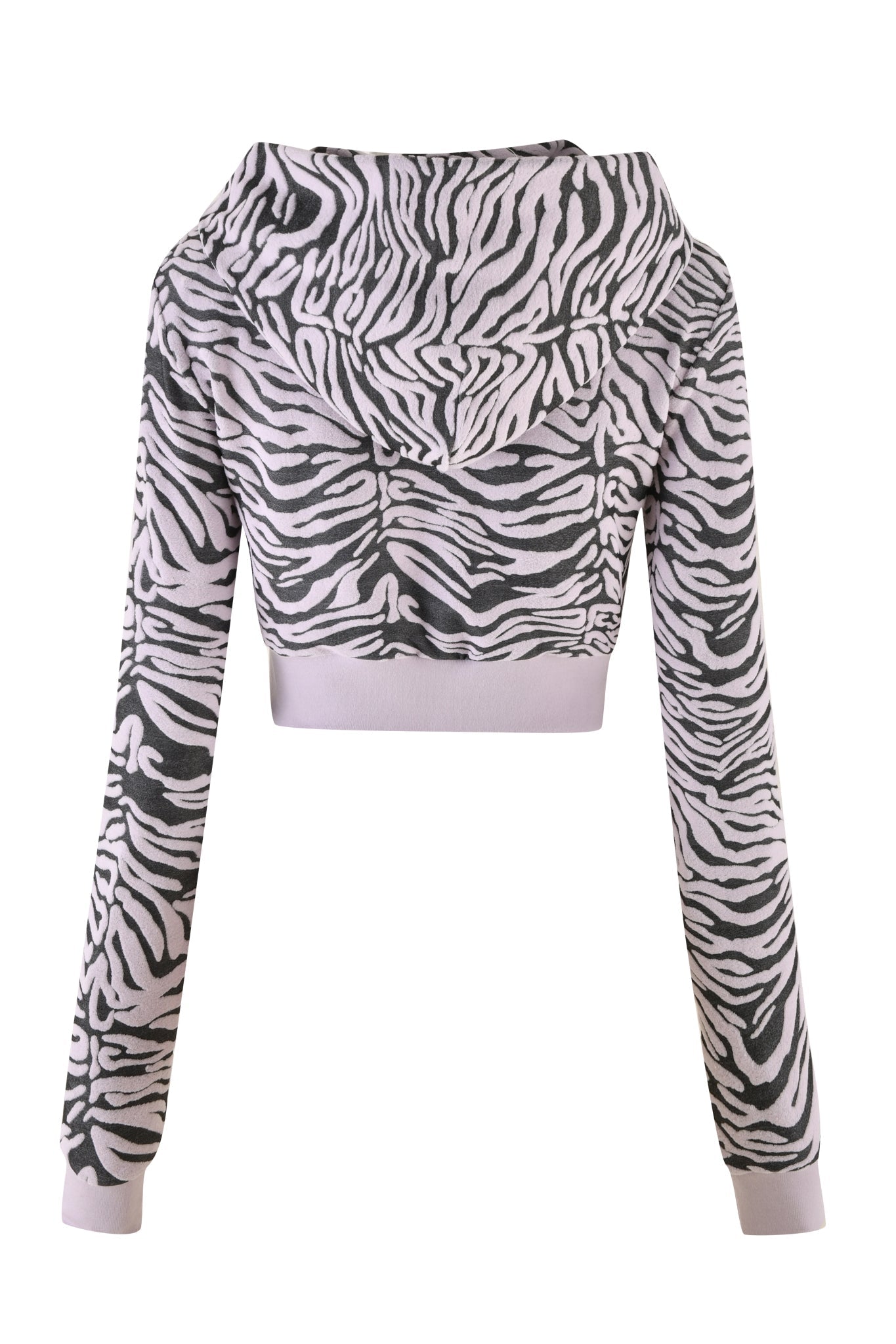A back view of the SOLIS HOODIE - PINK : ZEBRA by I.AM.GIA. The design features black and white zebra ombre print, a hood, long sleeves, and light pink-toned waistband and cuffs.