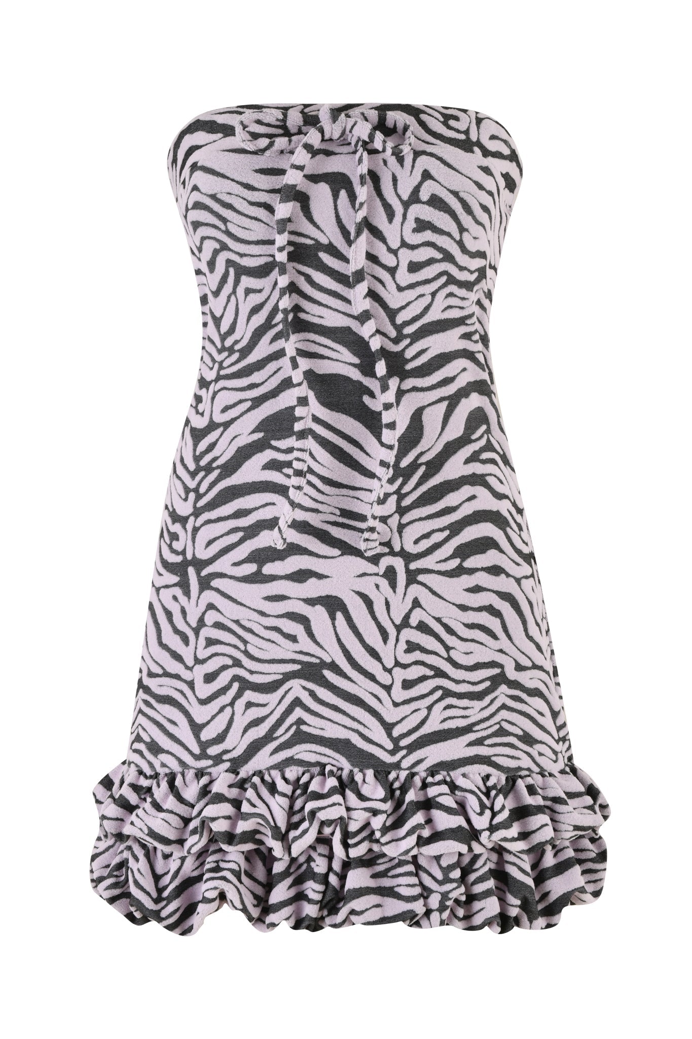 The NARELLA DRESS - PINK : ZEBRA by I.AM.GIA features a striking monochrome zebra print pattern. This strapless dress is fitted at the top with a bodycon design and flares out slightly towards the bottom, finishing with a ruffled hem for added texture and style.