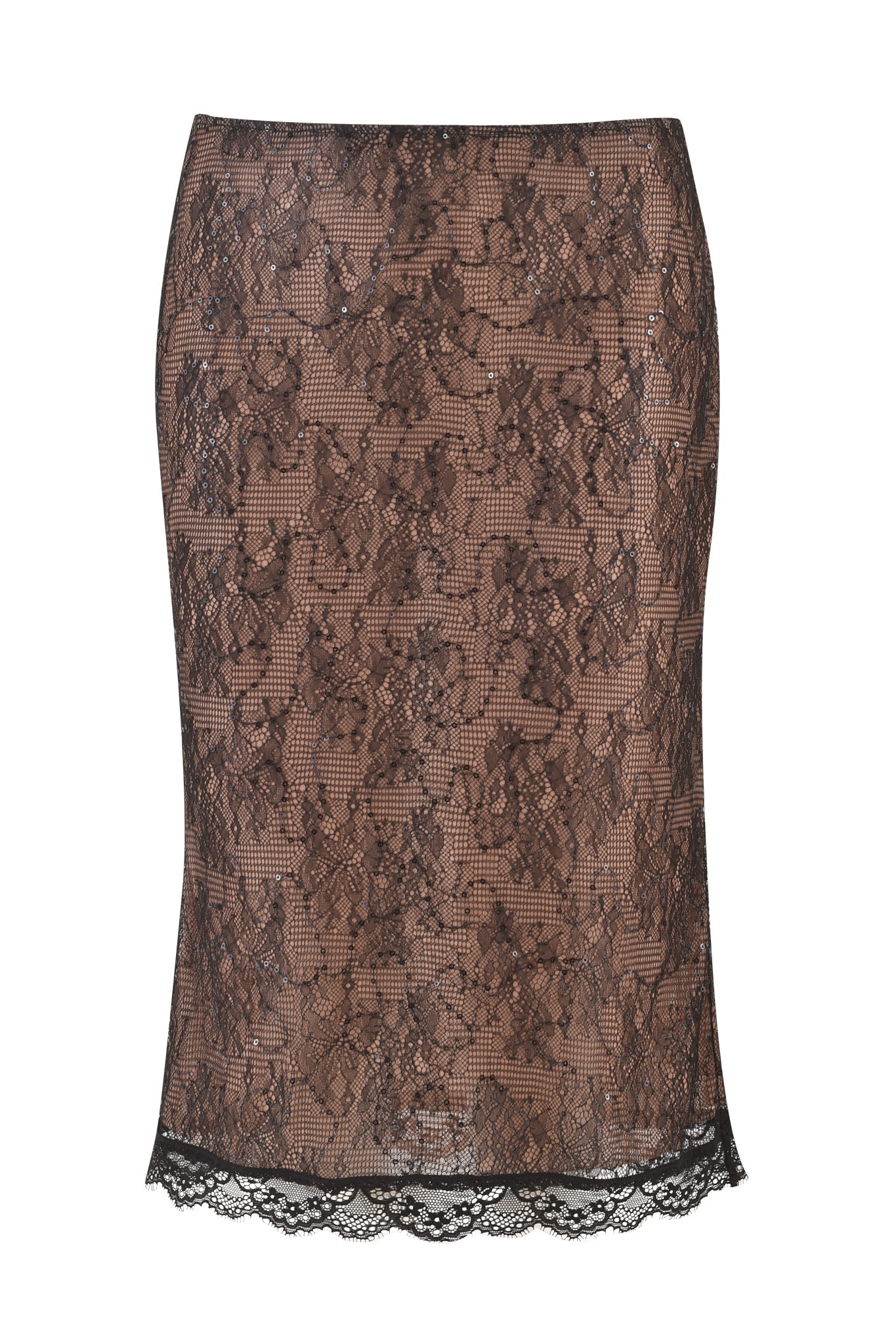 The BIJOU MIDI SKIRT - BLACK : LACE by I.AM.GIA is a knee-length pencil skirt crafted from intricate black sparkle lace fabric with a beige underlayer. The skirt features a delicate scalloped lace hemline and showcases a mid-rise, form-fitting silhouette for an elegant look.
