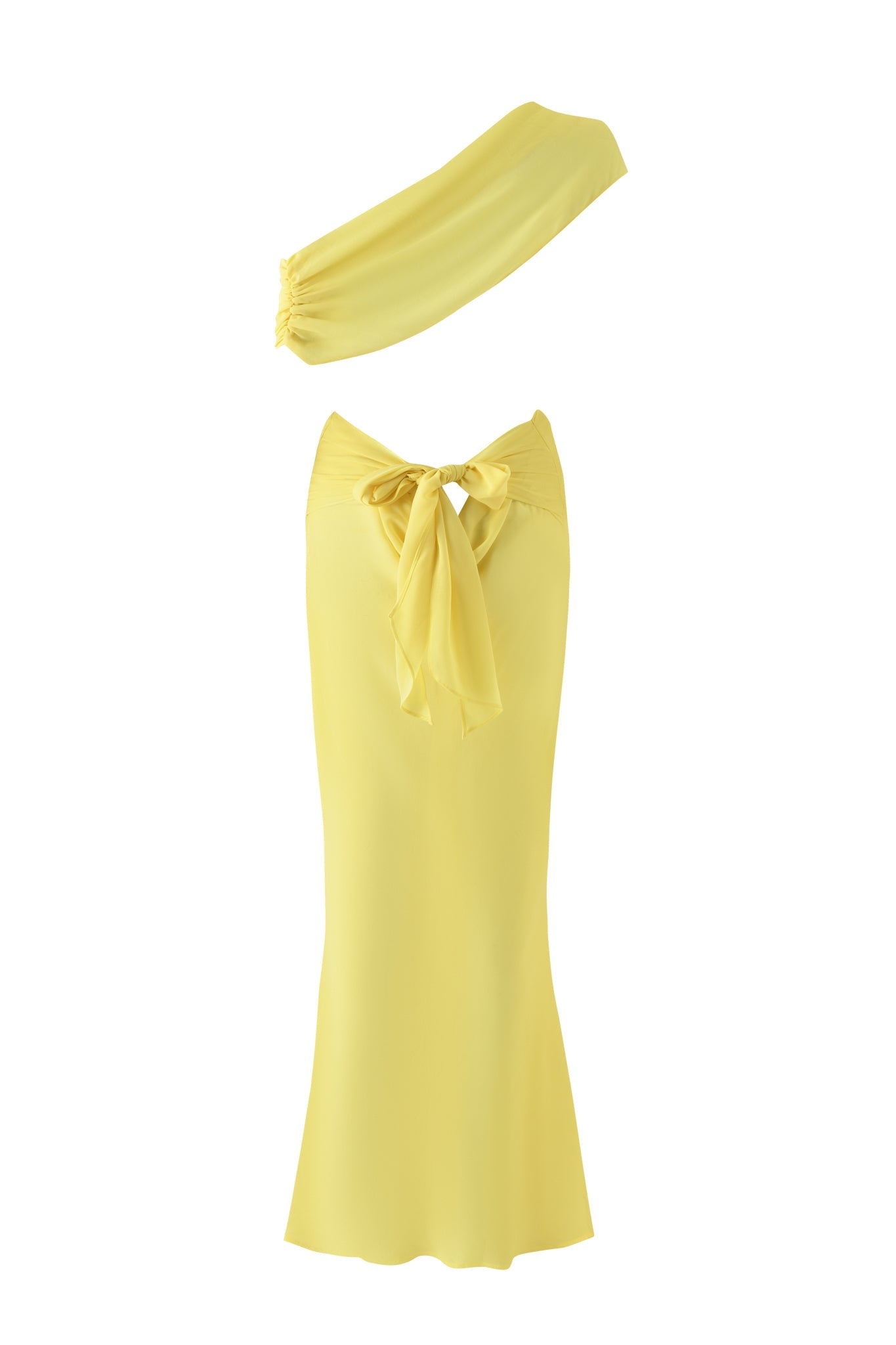 The KAHLO MAXI DRESS - YELLOW by I.AM.GIA is a two-piece outfit with a strapless bandeau top and high-waisted, ankle-length skirt with a front bow, shown on a white background.