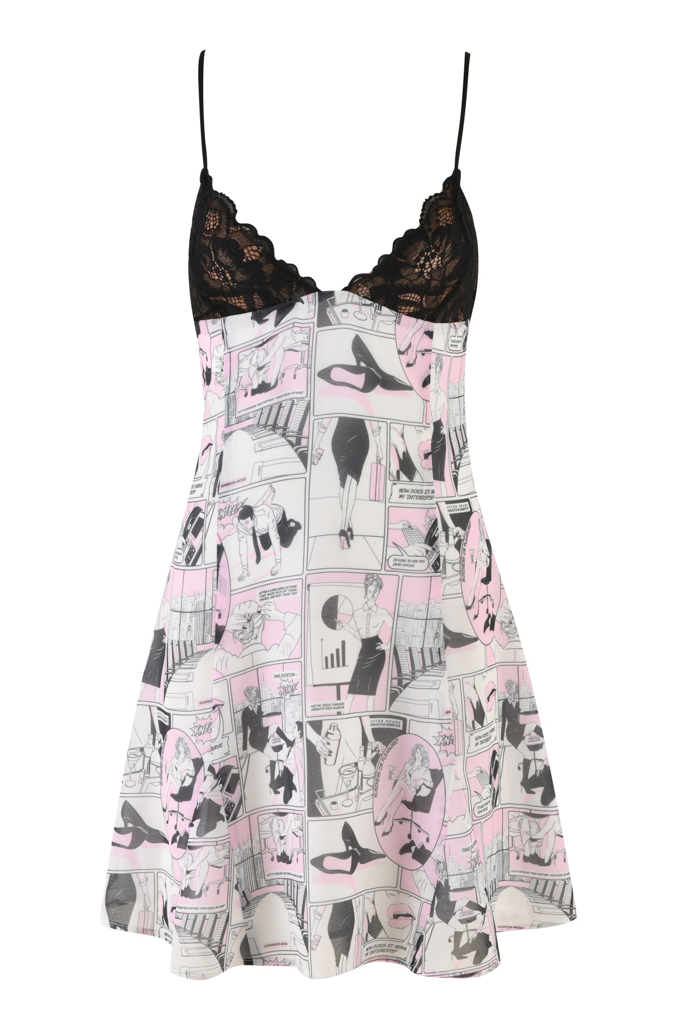 The ROSIE DRESS - PINK : DIGITAL: COMIC PRINT by I.AM.GIA is a sleeveless Georgette mini dress with thin black spaghetti straps. It features a custom hand-drawn comic book print in pink, black, and white, and boasts a semi-sheer lace bodice with a plunging neckline and a flared skirt.