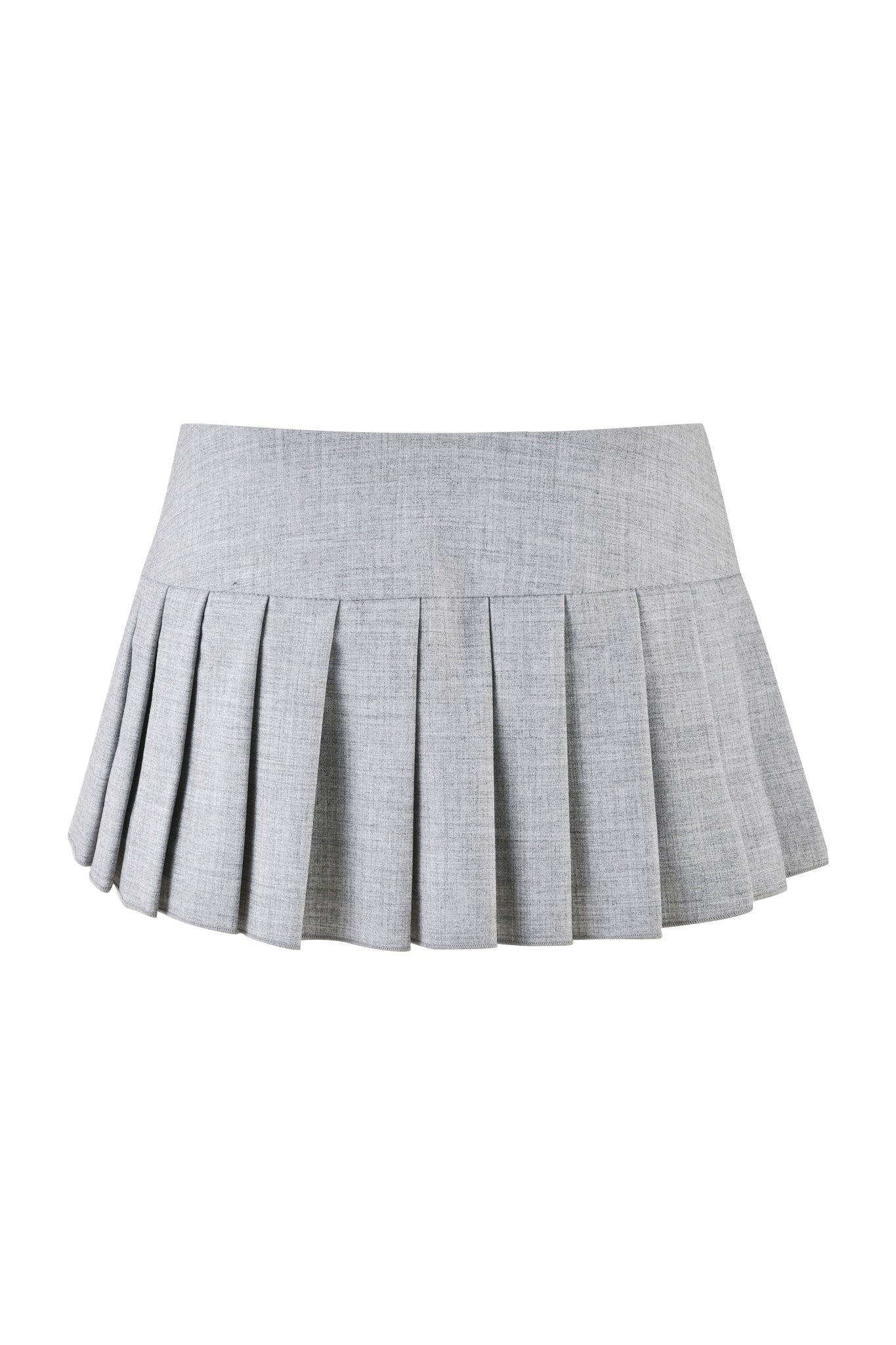 The REMINI SKORT 2.0 - GREY from I.AM.GIA is displayed against a white background. This skort features a tailored waistband and showcases a series of evenly spaced pleats, giving it a structured yet flowing appearance. Made from medium-weight woven fabric, it's ideal for those in search of the perfect pleated skort.