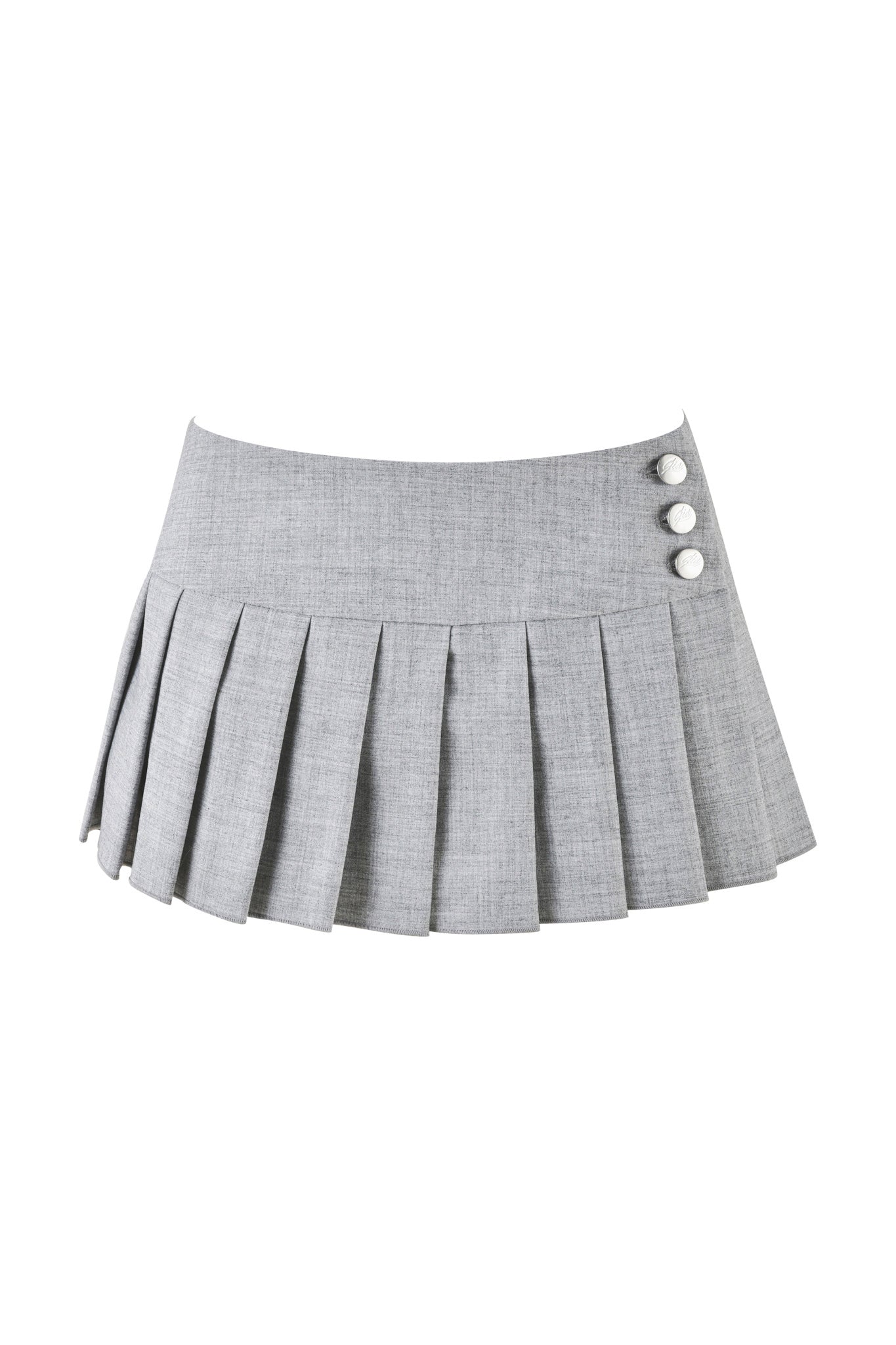 The REMINI SKORT 2.0 - GREY by I.AM.GIA is a stylish grey micro-mini skort featuring three buttons on the right waistband. Made from a lightweight fabric with a slight heathered texture, it boasts a sleek pleated design.