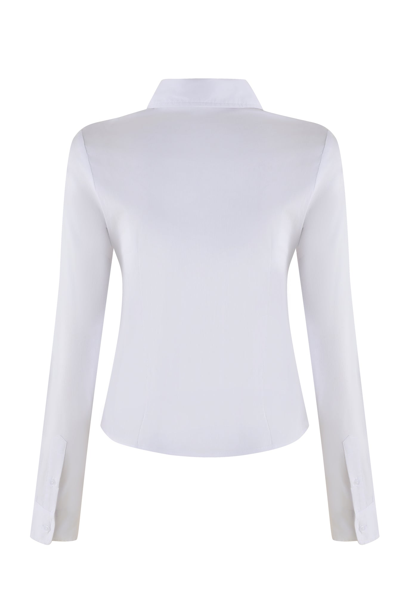 Back view of the I.AM.GIA MONICA SHIRT - WHITE, featuring a collared neckline. This long-sleeve blouse boasts a tailored slim fit, buttoned cuffs, and a smooth, solid finish.