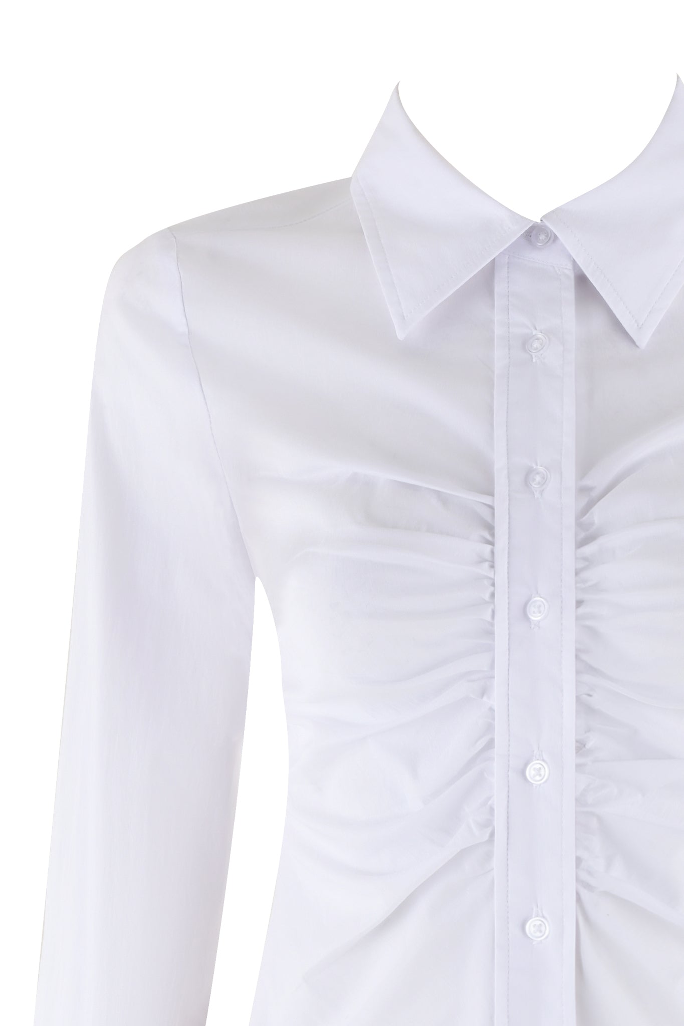 Close-up of the MONICA SHIRT - WHITE by I.AM.GIA, a long-sleeved button-up blouse with a collared neckline. The shirt boasts ruched detailing along the front, centered between the buttons, adding texture to its otherwise smooth fabric. Its tailored slim fit enhances the elegant look. The background is plain and white.