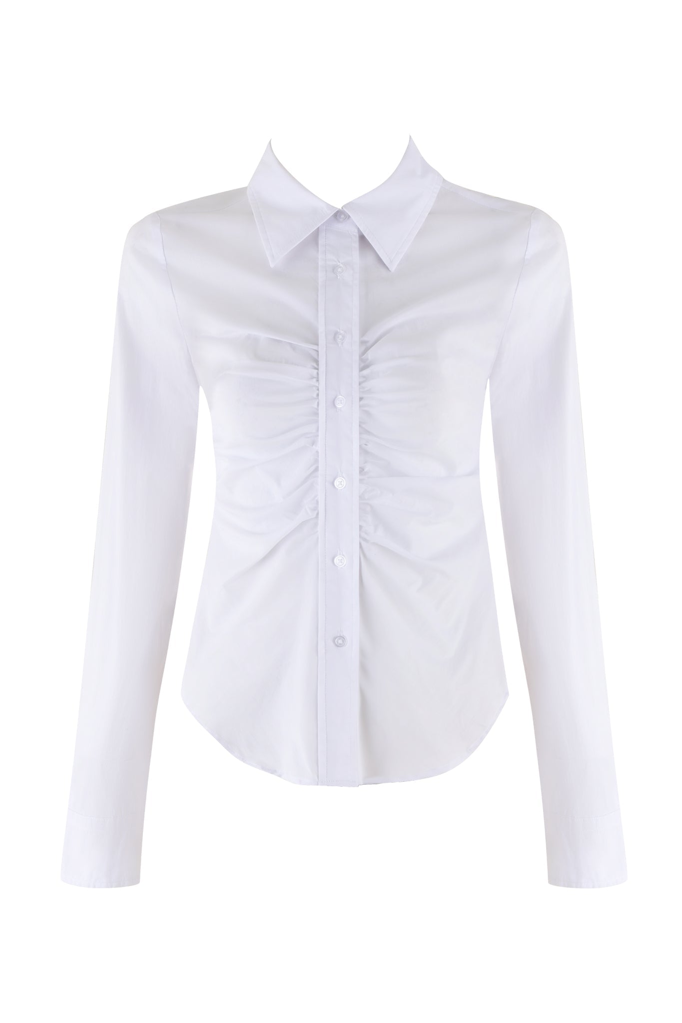 The MONICA SHIRT - WHITE by I.AM.GIA is a long-sleeved blouse with a tailored slim fit and a classic collared neckline. This shirt features a row of buttons down the center and ruched detailing on the front, made from fabric that has a smooth, slightly shiny texture.