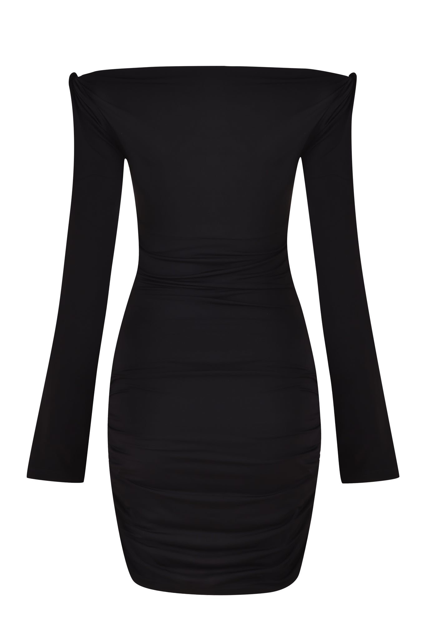 The LORELAI MINI DRESS - BLACK by I.AM.GIA is an off-the-shoulder bodycon dress with long sleeves and a ruched design, form-fitting from top to bottom. This sleek and elegant silhouette is perfect for formal or evening events.