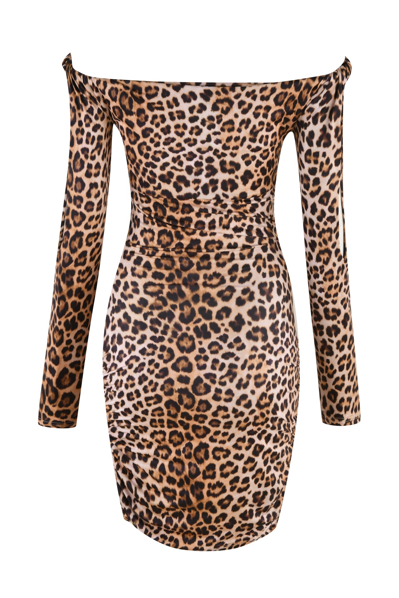 Close-up view of the Lorelai Mini Dress - Neutral: Leopard by I.AM.GIA. This long-sleeve, off-the-shoulder dress sports a bold leopard print pattern featuring brown and black spots on a light tan background. The bodycon silhouette accentuates your contours for a striking look.