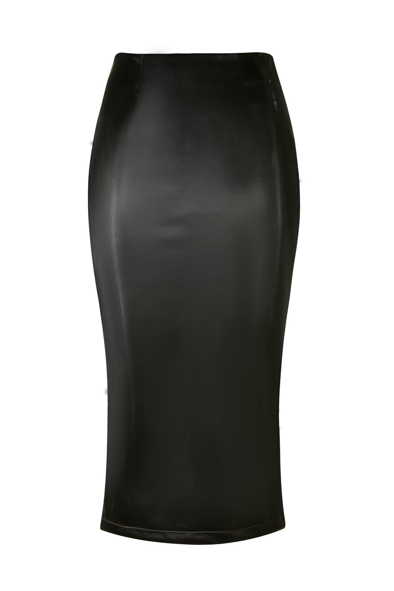 The CARMEN PENCIL SKIRT - BLACK by I.AM.GIA is a form-fitting, knee-length pencil skirt made from shiny faux leather. It boasts a smooth, sleek appearance with a minimalist design, free of visible zippers or buttons.