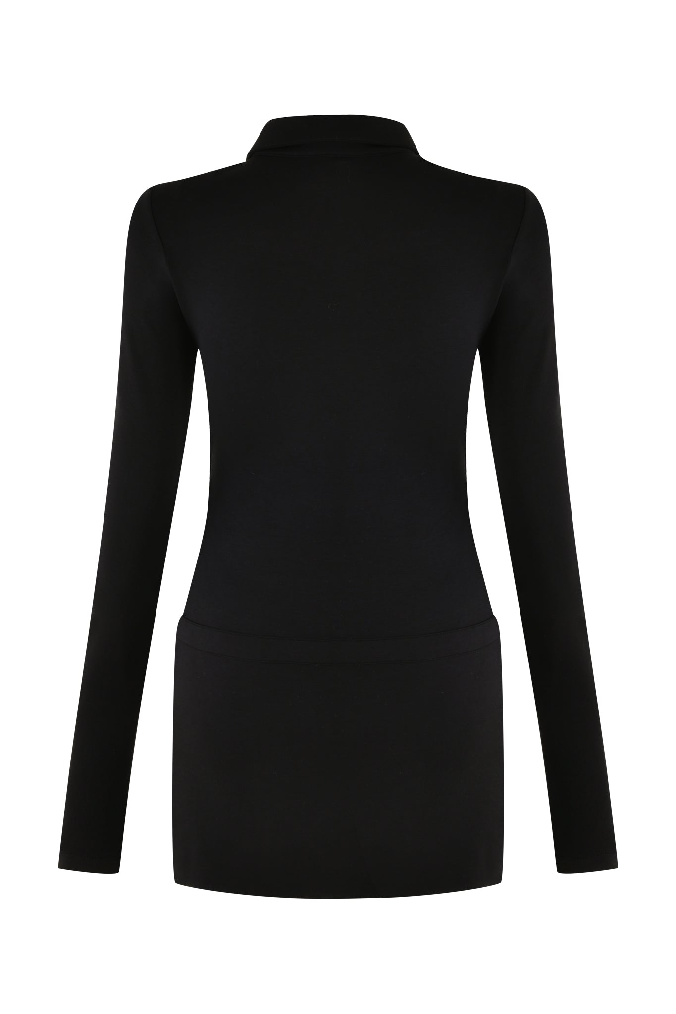 A close-up of the TASMIN MINI DRESS - BLACK by I.AM.GIA, showcasing its black, long-sleeved bodycon silhouette with a high collar. The image emphasizes the upper torso and arms, featuring a center front zipper running down the middle. The background is plain and white.