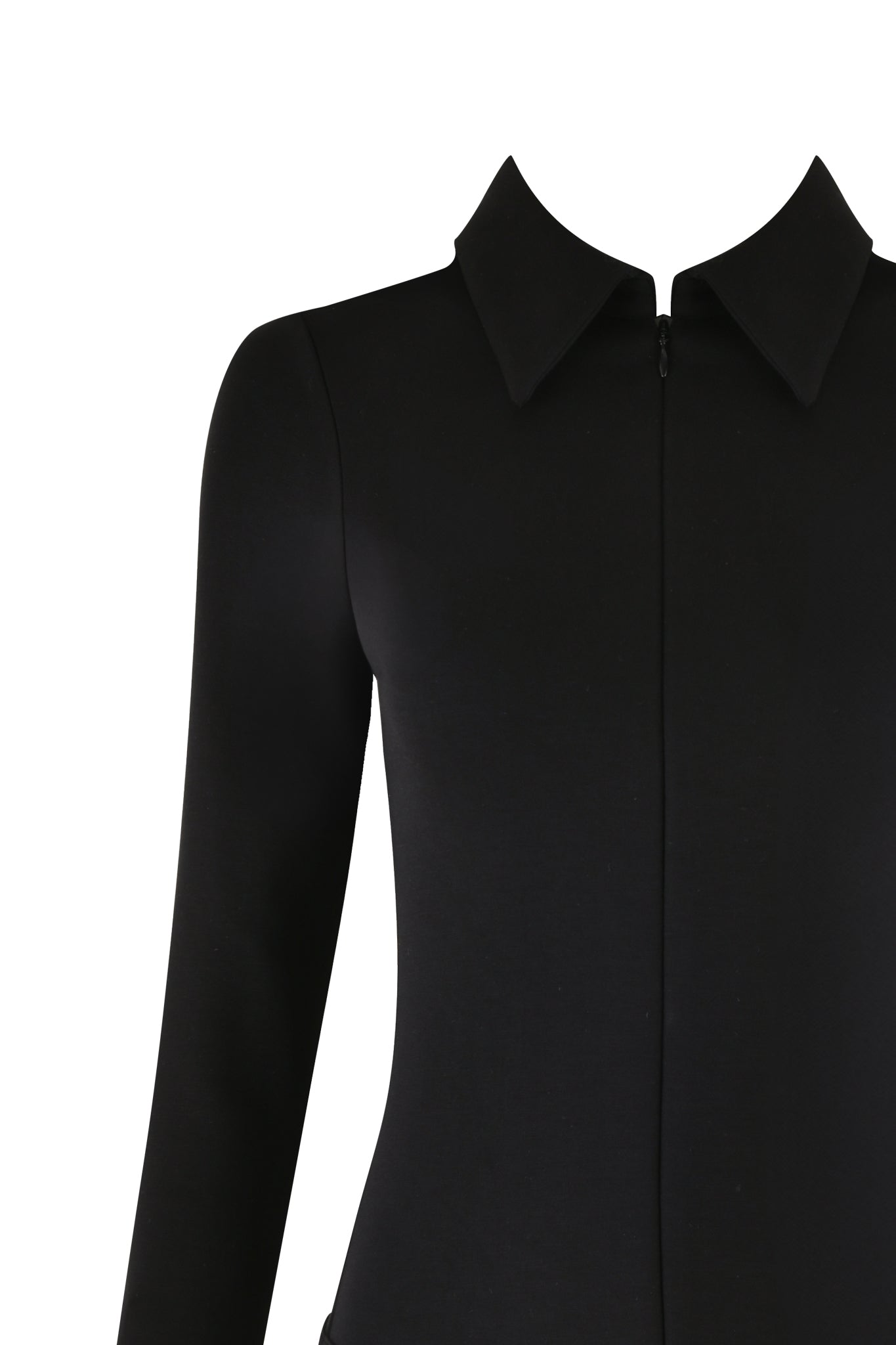 A close-up of the TASMIN MINI DRESS - BLACK by I.AM.GIA, showcasing its black, long-sleeved bodycon silhouette with a high collar. The image emphasizes the upper torso and arms, featuring a center front zipper running down the middle. The background is plain and white.