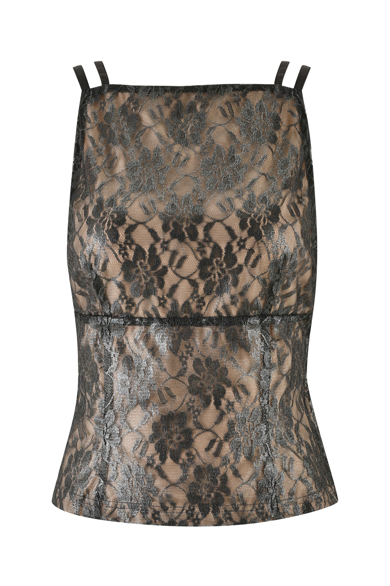 The BRIGITTE LACE TOP - BLACK by I.AM.GIA is a sleeveless, form-fitting tank top made of black lace with a floral pattern over a nude lining. It features thin straps and a square neckline, with the design continuing seamlessly from the bodice to the hem.