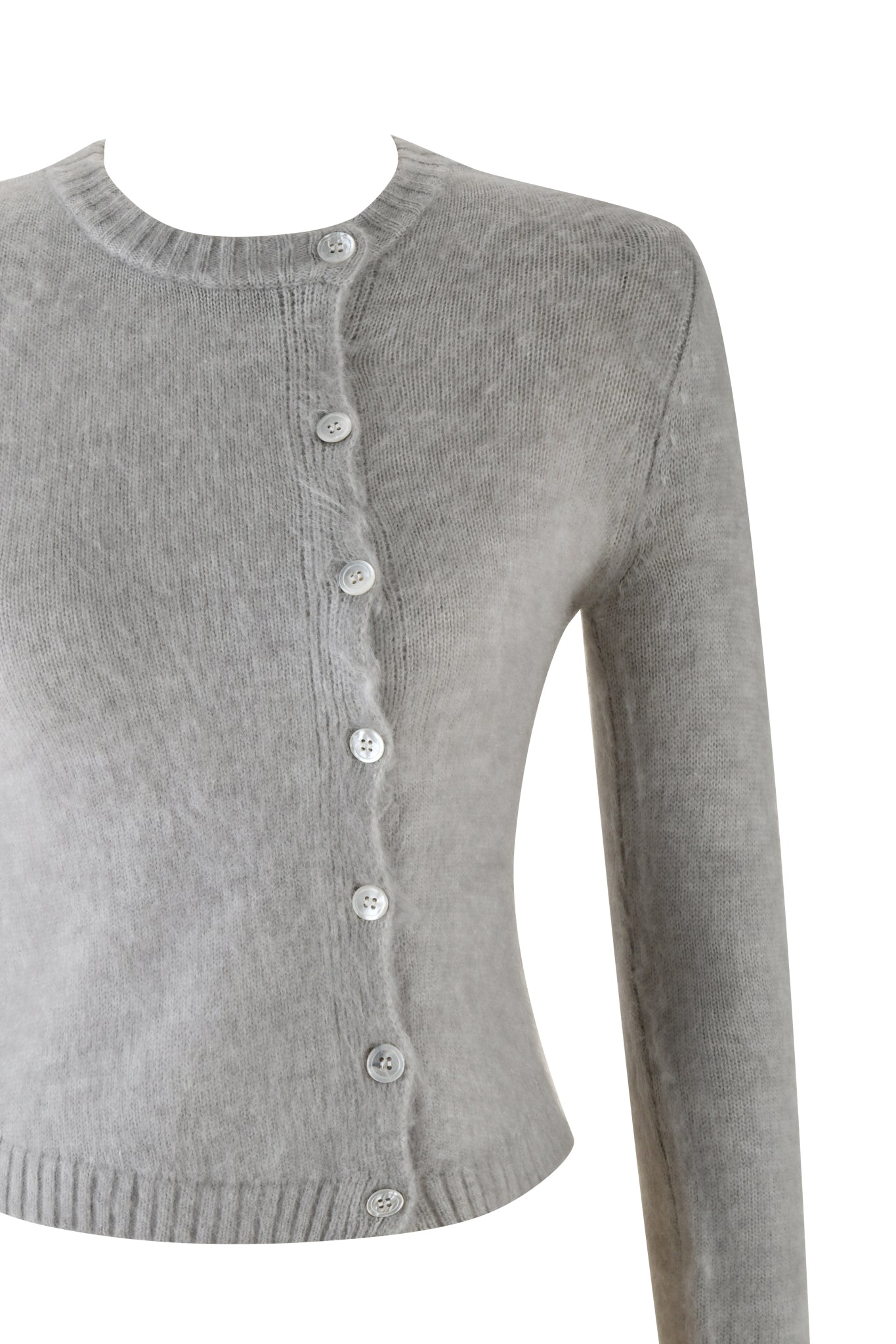 The BEATRIZ SWEATER - GREY : MARLE from I.AM.GIA features a crewneck, relaxed fit, and long sleeves. This knit top includes an off-center button-up design with white buttons on a plain background.