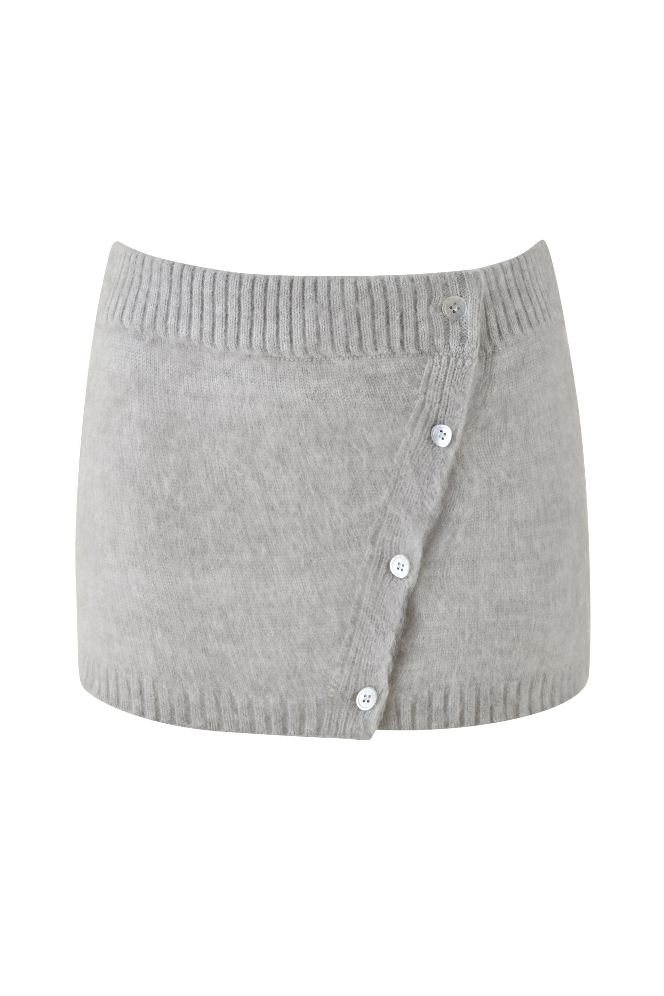The BEATRIZ MINI SKIRT by I.AM.GIA in grey marle features a low-rise design with a ribbed waistband and hem, adorned by an asymmetrical button-up side with four white buttons for a chic look.