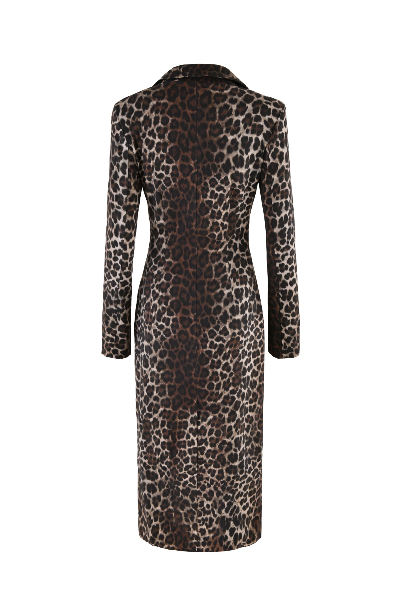 Back view of the exclusive I.AM.GIA UMA COAT - NEUTRAL : LEOPARD, a long-sleeved, knee-length coat featuring a tailored fit and leopard print pattern. The classic collar complements the dark brown and black spots on a light brown background.