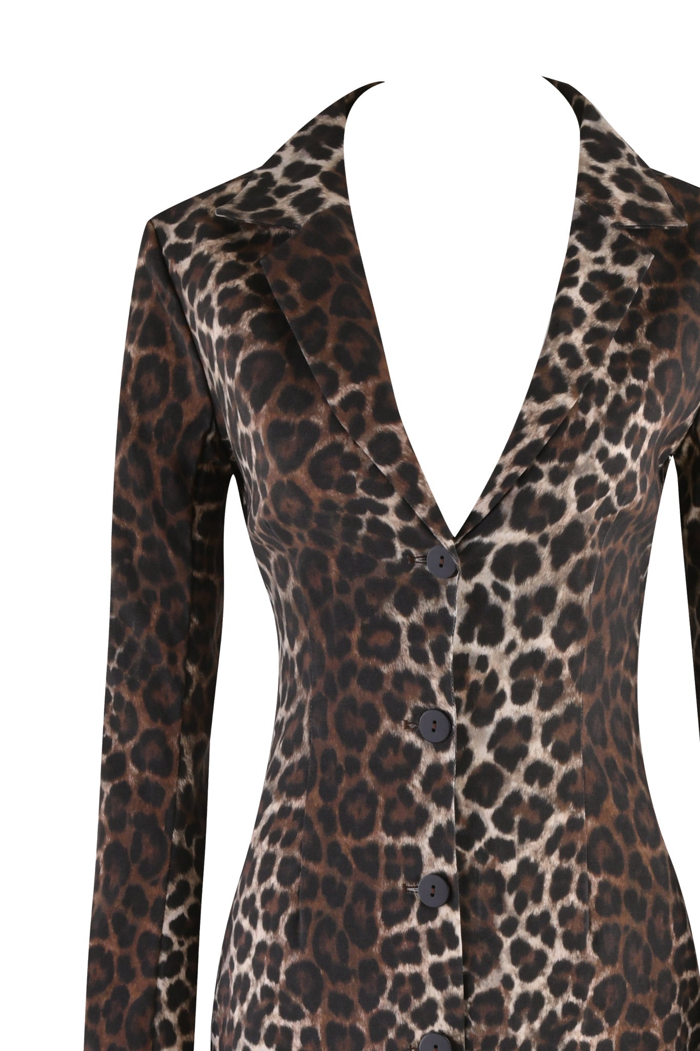 A close-up of the exclusive I.AM.GIA UMA Coat in Neutral Leopard, featuring a deep V-neckline and long sleeves. This tailored midi jacket showcases four black buttons down the front and boasts a form-fitting design.