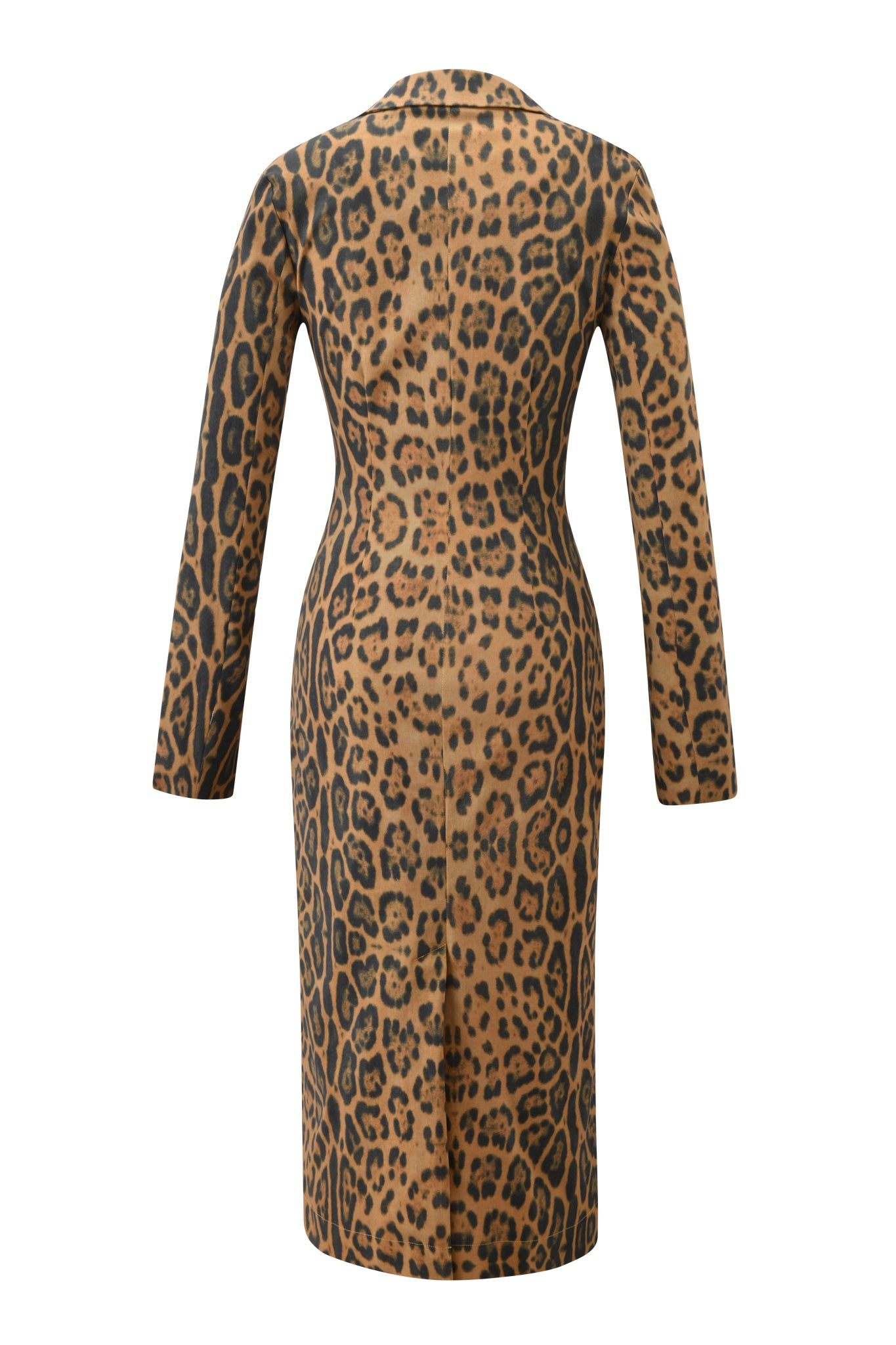A fitted, knee-length long-sleeve dress features a bold brown and black panther print reminiscent of the I.AM.GIA UMA COAT - PANTHERA, showcased from the back.