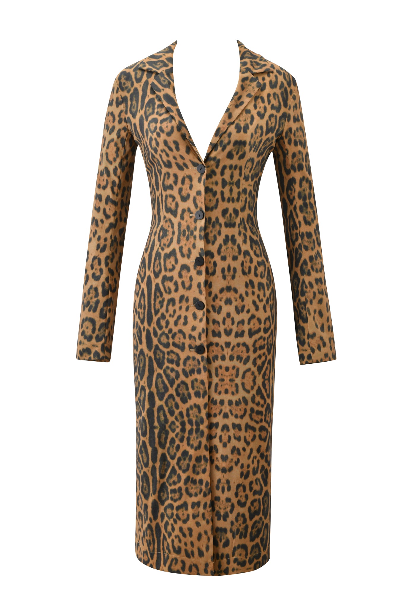 The form-fitting, long-sleeved knee-length dress with a deep V-neck and bold brown and black animal print is shown on a white mannequin, styled with the I.AM.GIA UMA COAT - PANTHERA for a chic layered look.