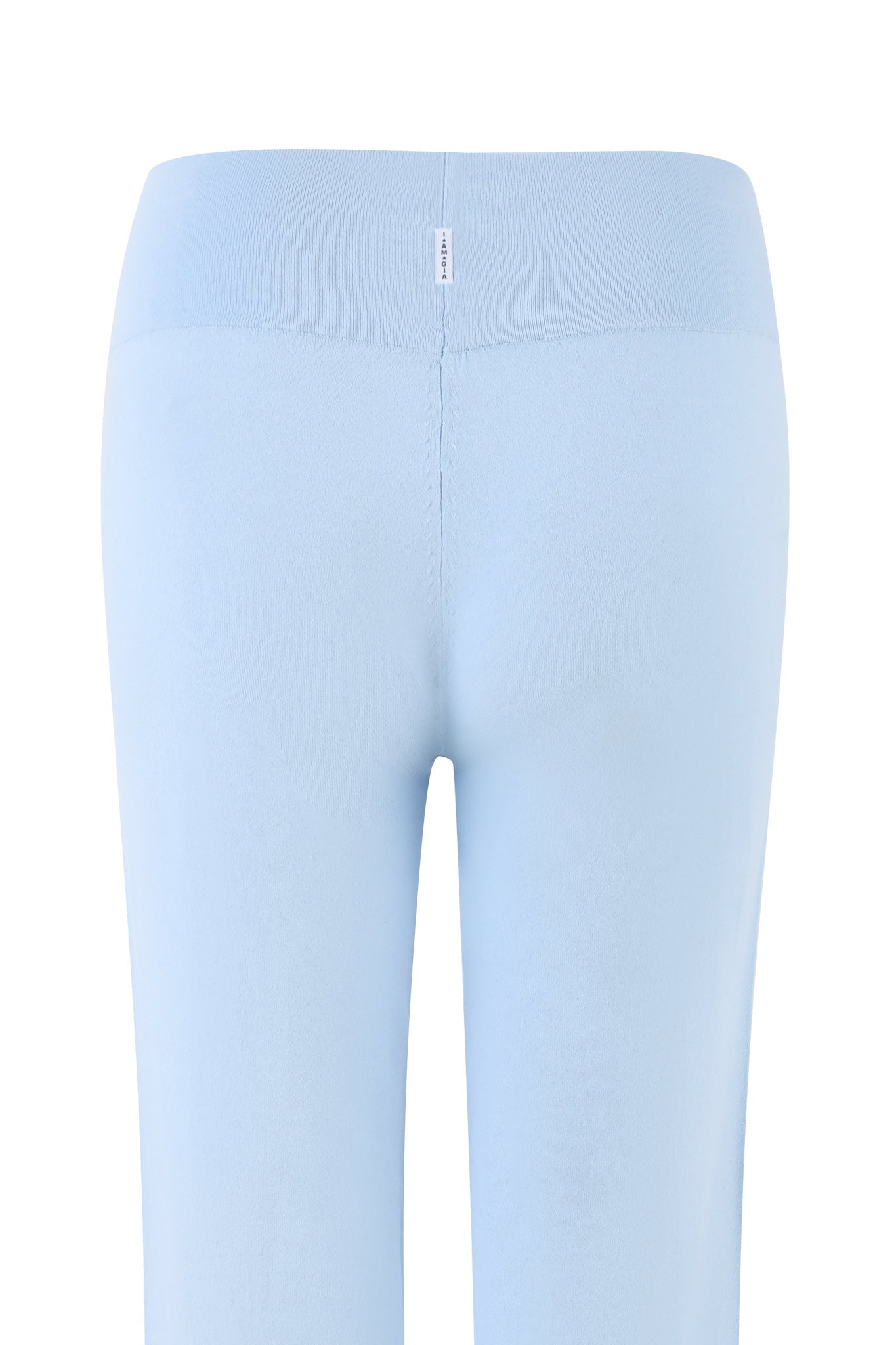 A rear view of the AUDRINA PANT - BLUE in powder blue by I.AM.GIA. The waistband is elastic, and the fabric appears to be soft and highly stretchy. There is a vertical seam running down the center of the back.