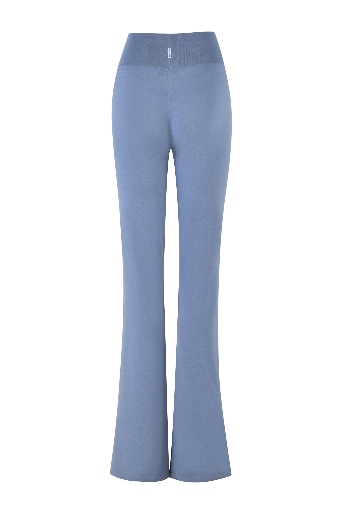 Against a plain white background, the AUDRINA PANT - BLUE by I.AM.GIA is displayed, featuring a high-waisted, flared design in steel blue with modern knit fabrication.