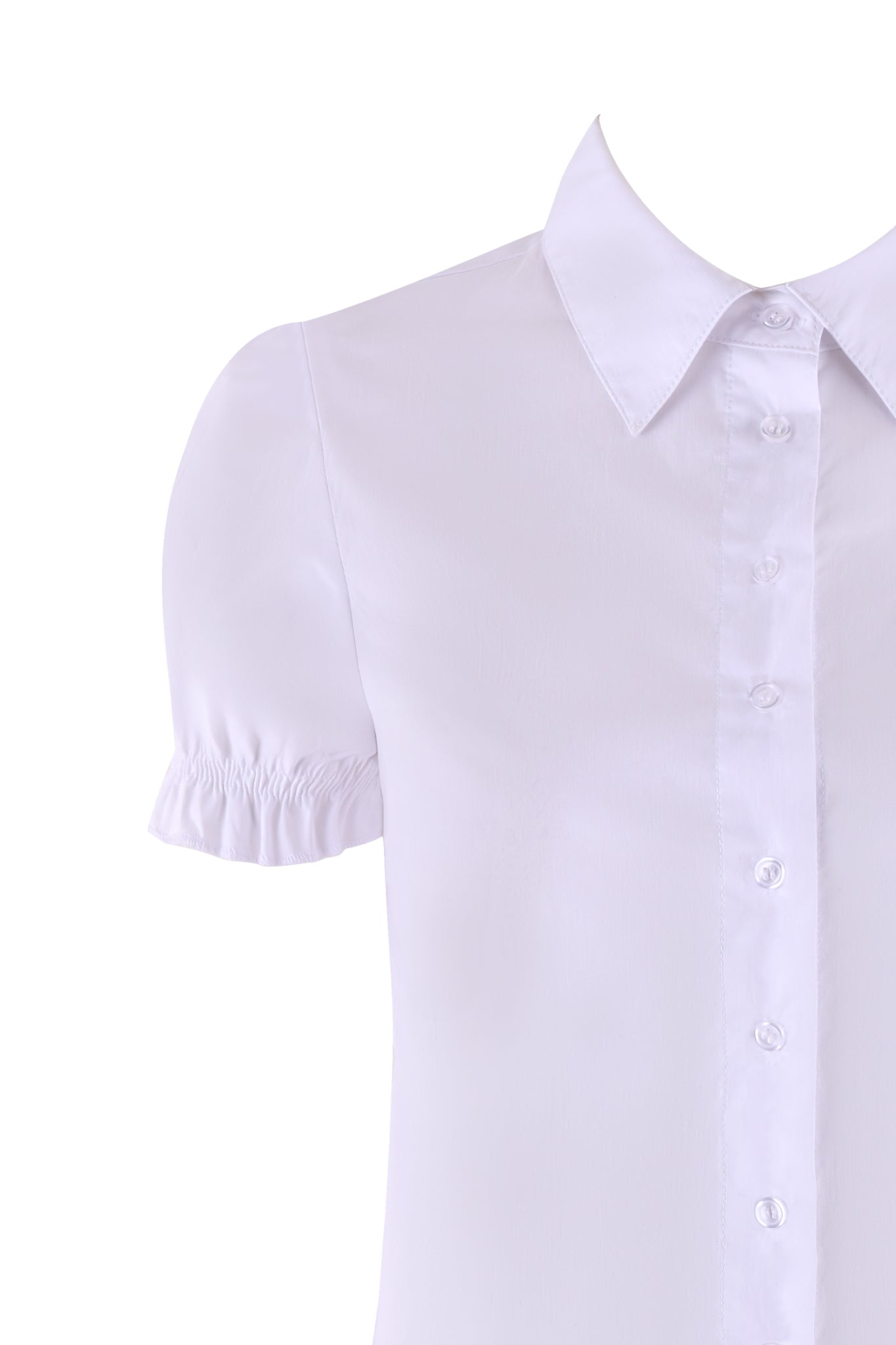 A close-up of the EDIE TOP - WHITE by I.AM.GIA, showcasing its button-down front adorned with plain white buttons. The blouse features a classic pointed collar and puff short sleeves that are slightly gathered with elasticized hems. Its smooth and lightweight fabric highlights the tailored fit beautifully.
