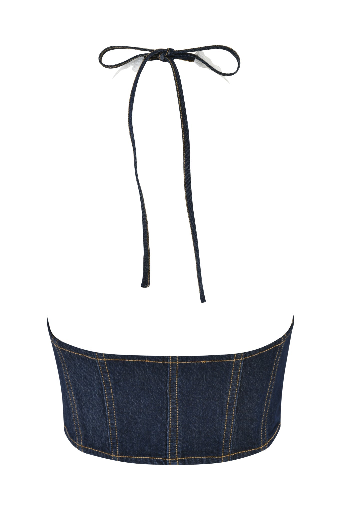 The ELLENA CORSET - BLUE : DARK WASH from I.AM.GIA showcases a back view of a corset-like halter top in stretch denim. This dark blue top features light brown stitching details and thin straps that tie behind the neck. The design offers a minimalist and stylish look, accentuating a bodycon silhouette.