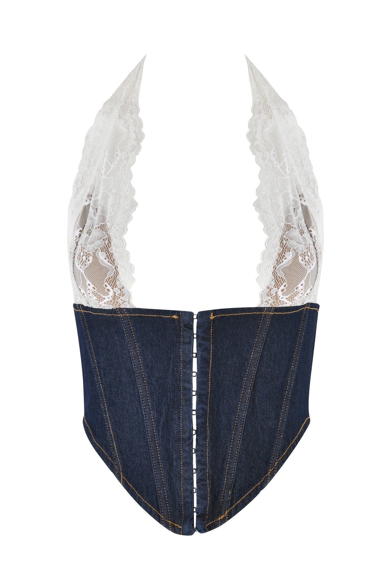 Front view of the ELLENA CORSET - BLUE : DARK WASH by I.AM.GIA, showcasing a structured design with stitched detailing and hook-and-eye closures down the front. This dark blue denim corset top features elegant white lace halter straps and is crafted from stretch denim, adding an intricate touch to its edgy, bodycon silhouette.