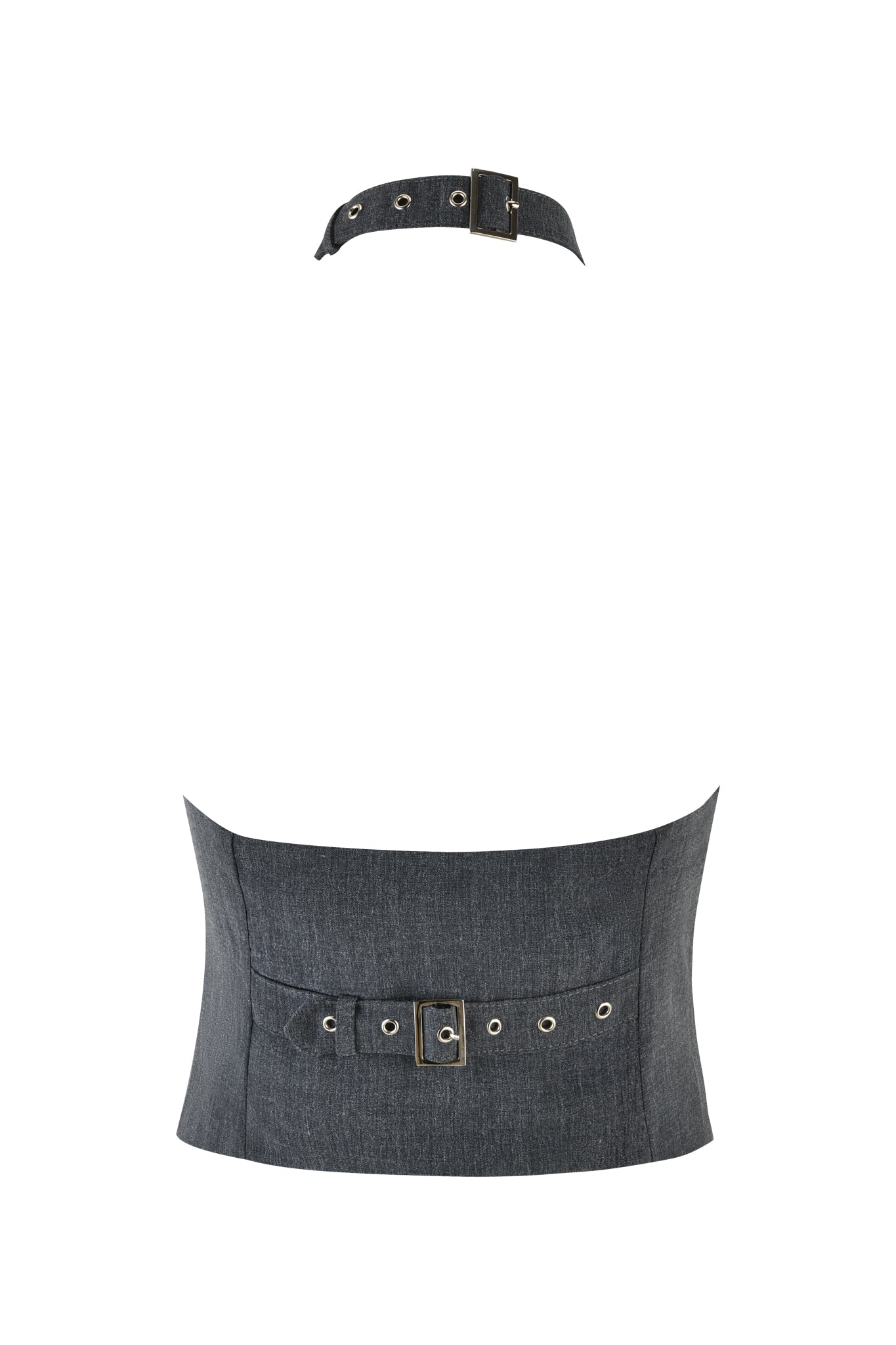 A close-up of the ADRIETTE TOP - GREY by I.AM.GIA showcases its bodycon silhouette and crisscross halter neckline. The fabric features a subtle denim or charcoal texture. At the front, the neckline crosses over, creating a small teardrop-shaped cutout that gives it an elegant tailored look.