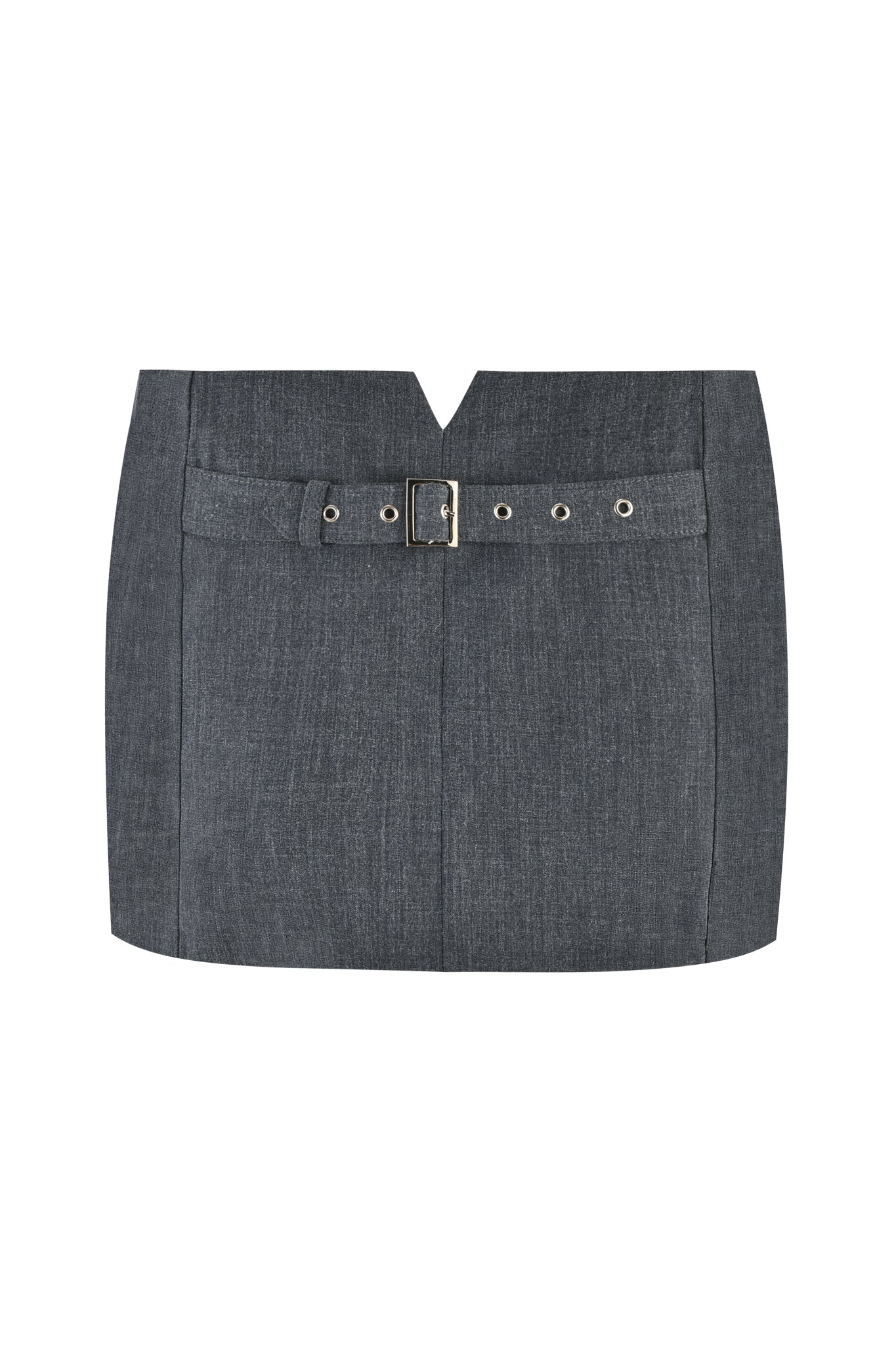 The ADRIETTE SKORT - GREY:PLAID by I.AM.GIA showcases a blend of style and functionality with its central belt featuring a metallic buckle and grommets. Expertly crafted from stretch suiting fabric, this mini-length skort boasts a subtle V-shaped notch at the top center, adding distinct design elements to its grey plaid pattern.
