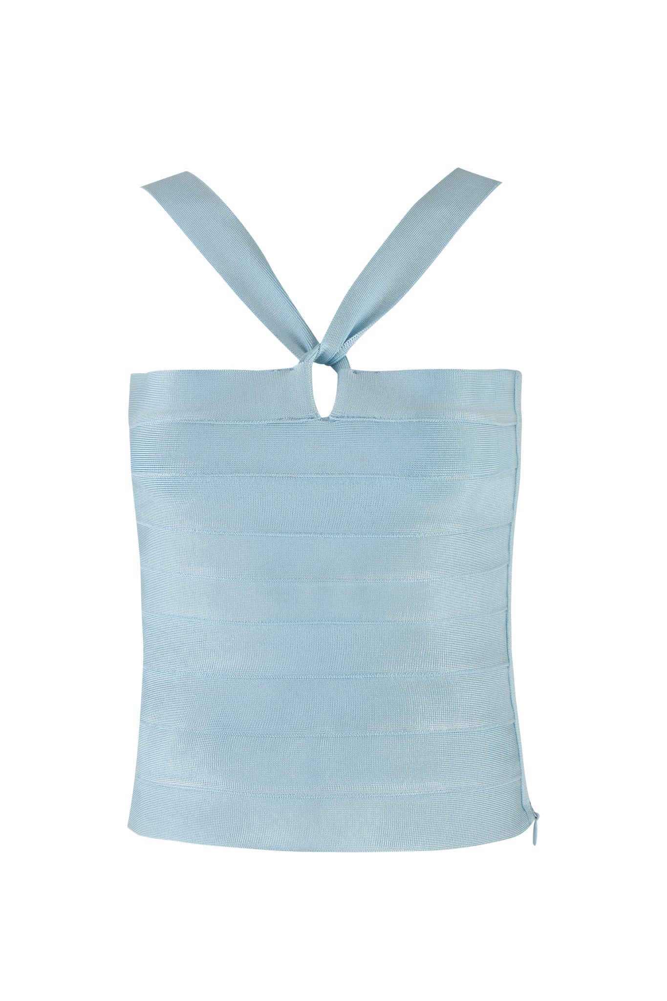 The VESPERA TOP - BLUE from I.AM.GIA in Powder Blue is a bodycon fit top with an ice blue hue, featuring wide shoulder straps that cross and tie at the back to create a cutout near the halter neckline. The fabric includes a subtle horizontal bandage-style texture for added elegance.