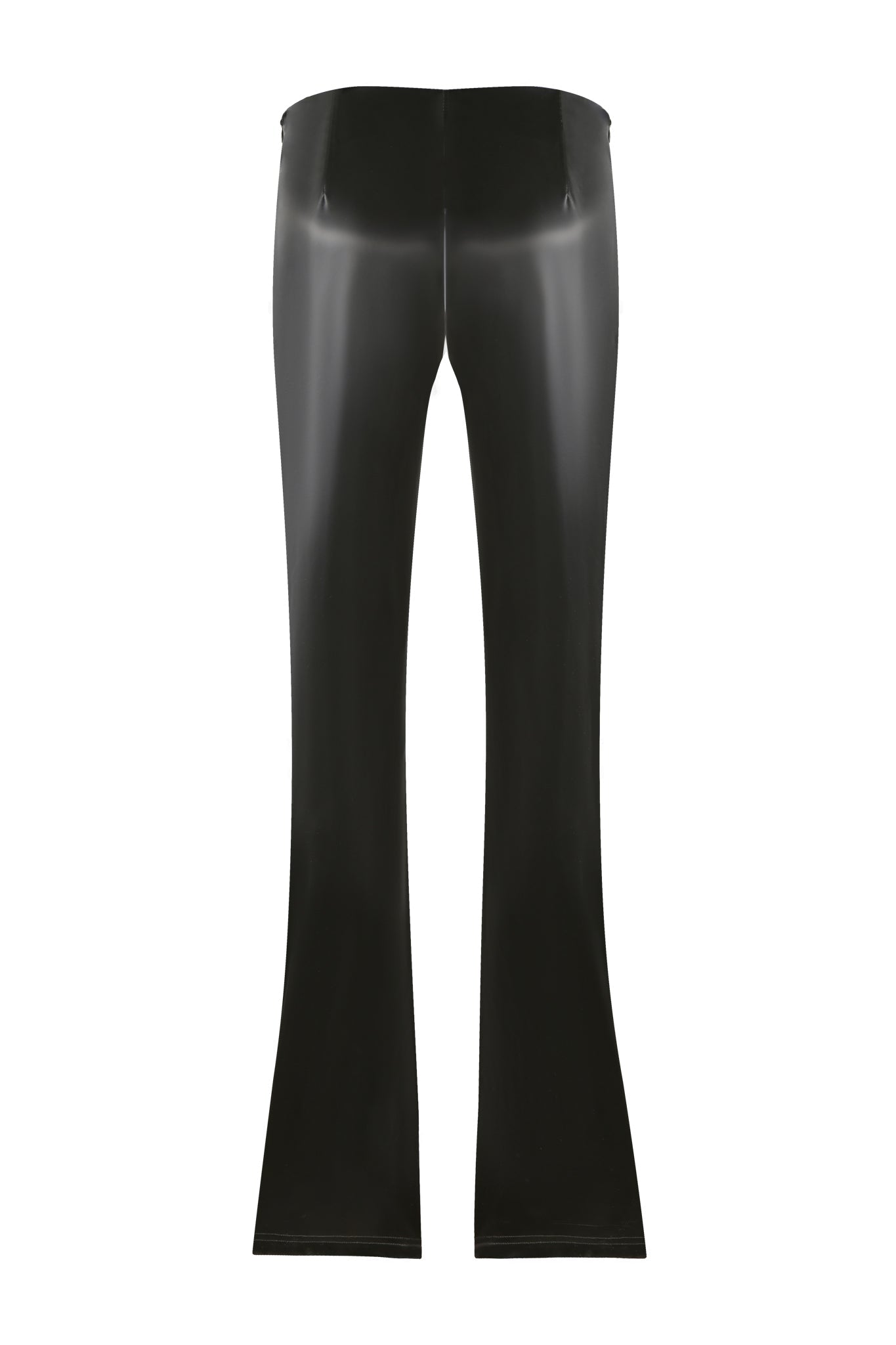 The HARLO PANT - BLACK from I.AM.GIA is showcased, featuring a pair of shiny faux leather pants with a flared leg cut. Two small welt pockets are prominently placed at the front near the low-rise waist. The smooth and reflective material accentuates the sleek design.