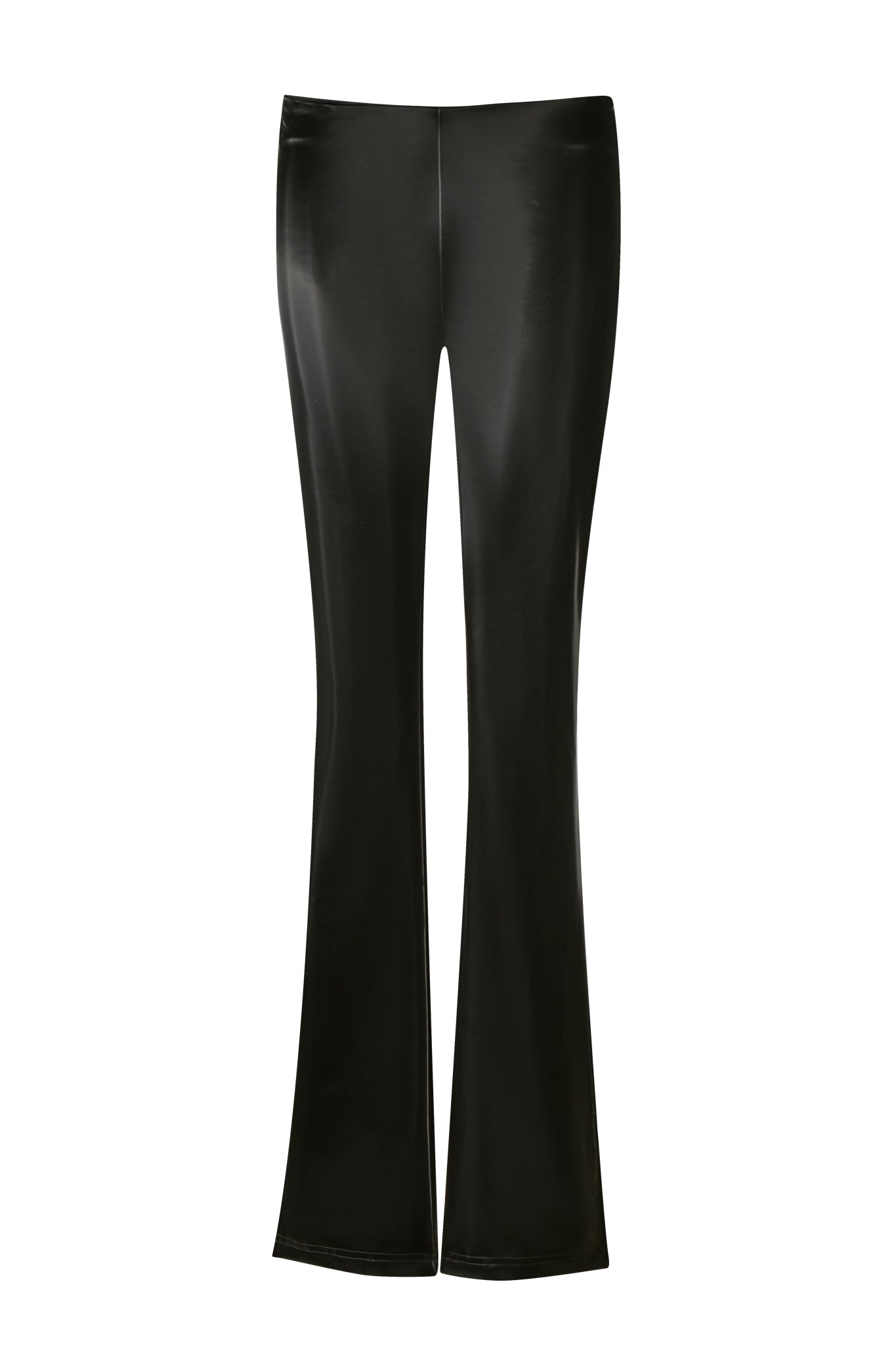 The HARLO PANT - BLACK by I.AM.GIA features a pair of black shiny faux leather pants with a high waist and flared legs. The material appears smooth, giving a sleek look. These stylish pants are displayed on a plain white background.