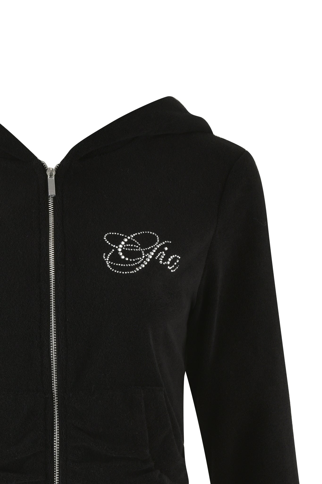 A close-up image of the KAMERON TERRY JACKET - BLACK by I.AM.GIA showcases a black hooded jacket adorned with a decorative "JLo" logo made of small silver rhinestones on the left chest area. The hoodie features a front zipper and reveals the lower part of its hood, resembling the stylish design of the Kameron Terry Jacket.
