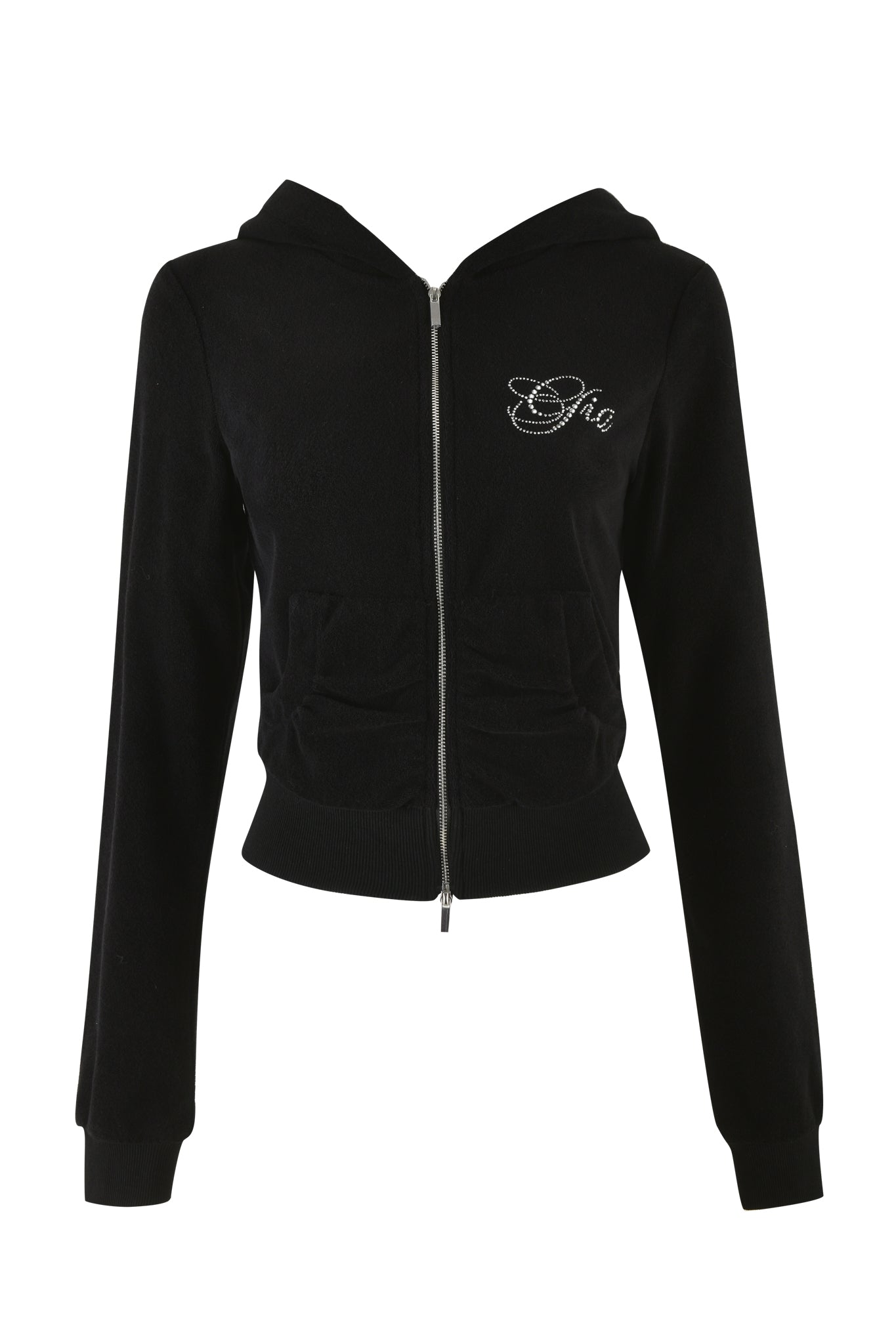 A fashionable black zip-up hoodie from I.AM.GIA, the KAMERON TERRY JACKET - BLACK features "Chic" written in rhinestones on the left chest area. It includes a front zipper, two pockets, ribbed cuffs on the sleeves and hem, and a slightly oversized hood, making it perfect for any occasion.