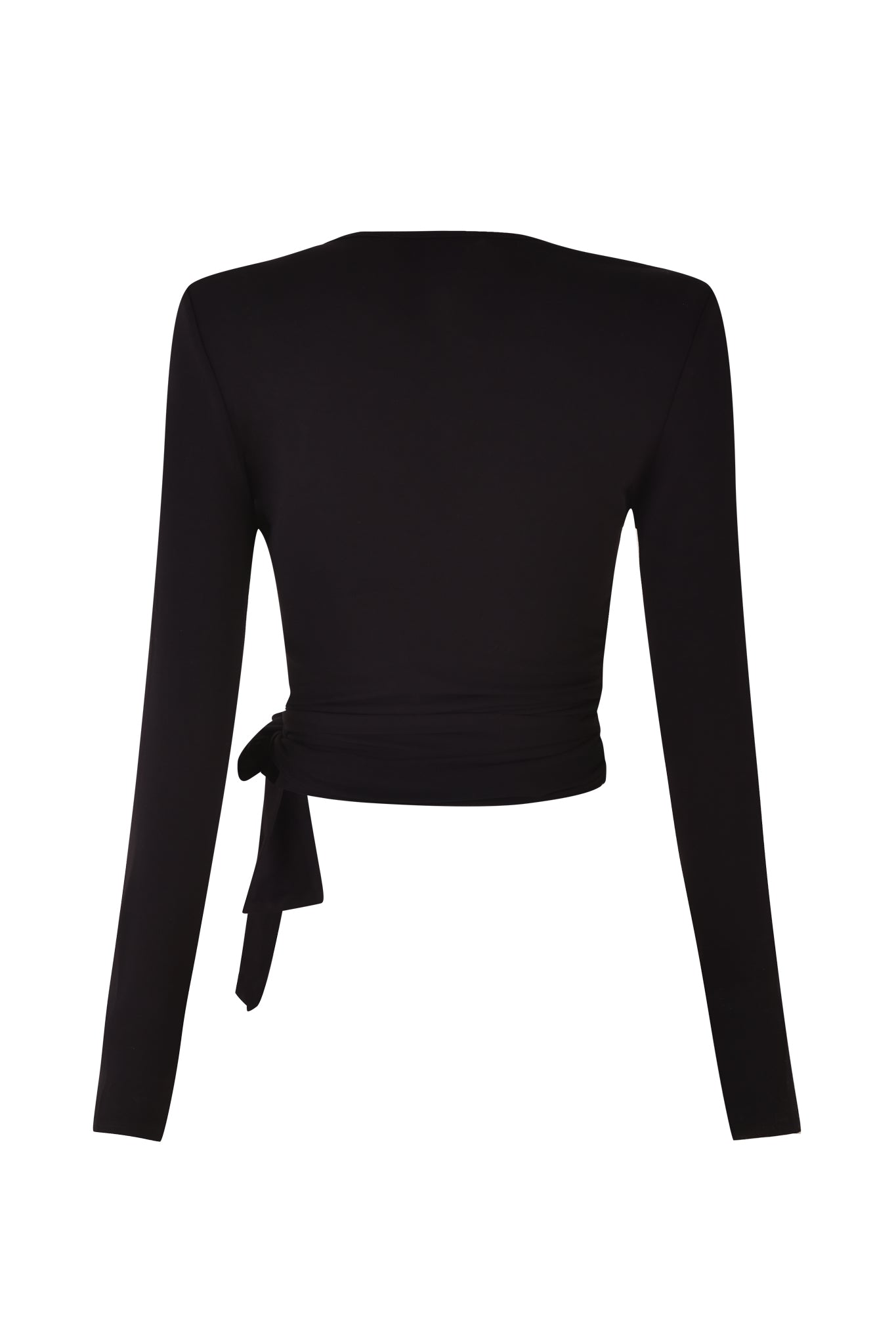 The MANDY TOP - BLACK from I.AM.GIA is a long-sleeved, wrap crop top featuring a tie detail on the left side. The back view showcases its sleek, fitted bodycon silhouette and knot feature. Crafted from super soft stretch bamboo, it offers unparalleled comfort.