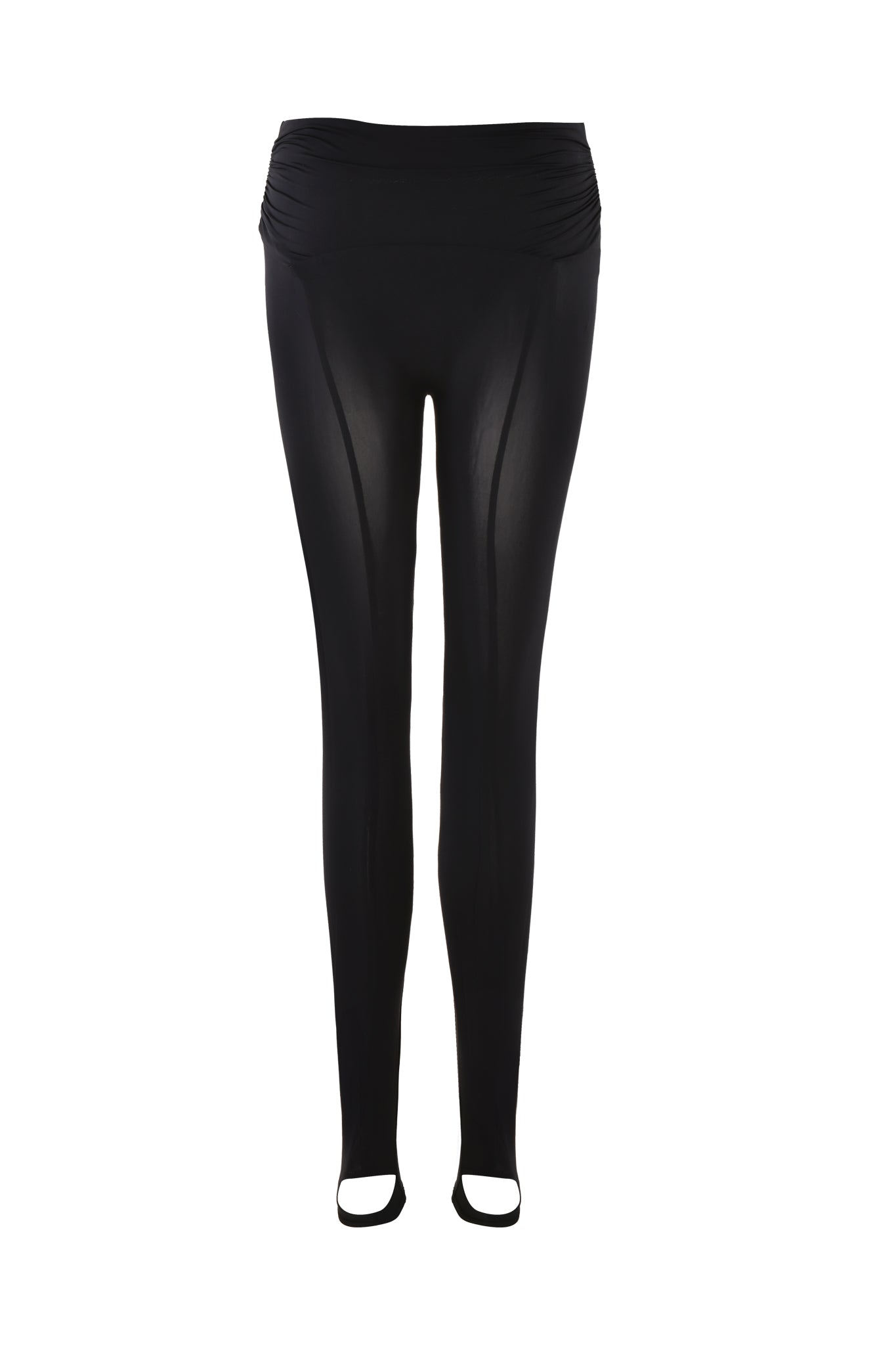 Image of the NERINA TIGHTS - BLACK by I.AM.GIA. These high-waisted leggings feature a bodycon fit with smooth, slightly sheer fabric on the lower legs. The wide waistband is ruched at the sides for added detail, providing a sleek and snug fit designed for both comfort and style.