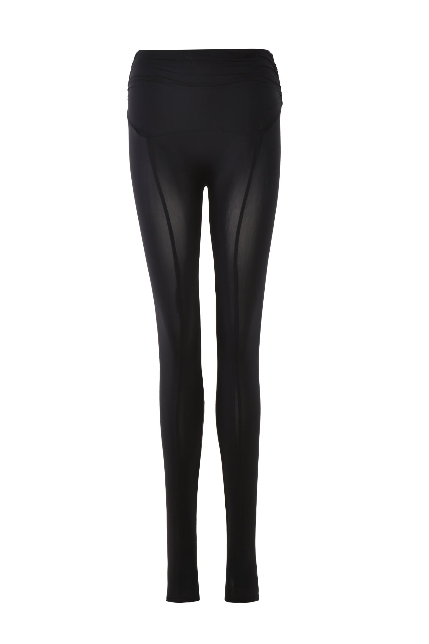 Image of the NERINA TIGHTS - BLACK by I.AM.GIA. These high-waisted leggings feature a bodycon fit with smooth, slightly sheer fabric on the lower legs. The wide waistband is ruched at the sides for added detail, providing a sleek and snug fit designed for both comfort and style.