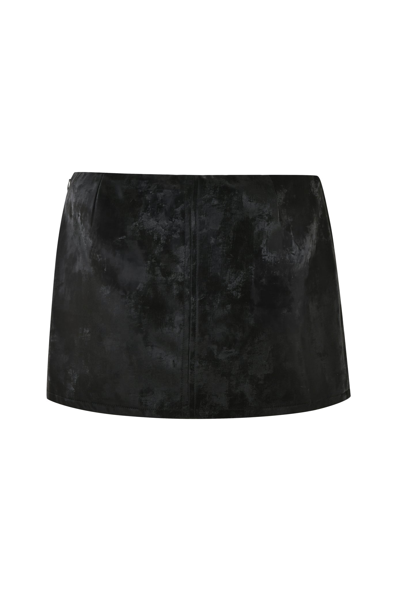 The image showcases the FRANCINE SKORT - BLACK by I.AM.GIA. This black velvet mini skort features a subtle pattern and a smooth, slightly reflective texture. The design is simple and elegant, without any visible embellishments or pockets.