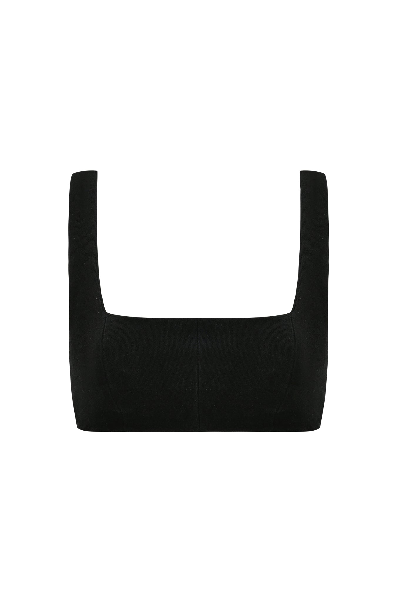 The LAURA CROP TOP - BLACK by I.AM.GIA is pictured against a white background. This ribbed-knit crop top features a square neckline and wide shoulder straps, showcasing a simple, minimalist design with a bodycon silhouette. The stretchy fabric adds to its sleek appeal.