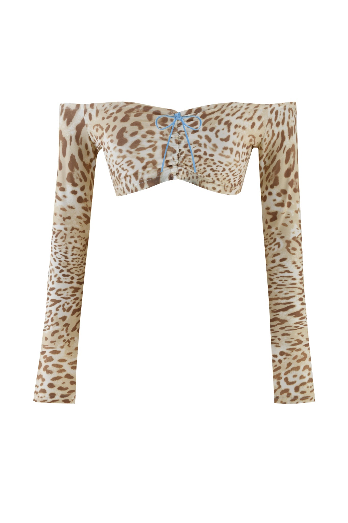 The GERI TOP by I.AM.GIA is a super cropped long-sleeve top in the Leopard Limbo print, featuring a small blue lace-up detail at the front. It has a straight neckline and slim-fitting sleeves against a white background.