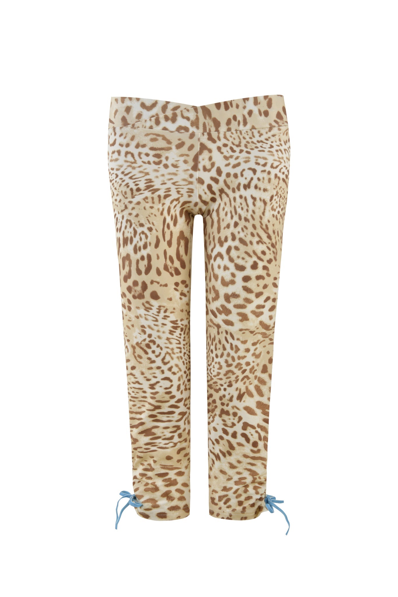 The GERI CAPRI - NEUTRAL : LEOPARD : LEOPARD LIMBO from I.AM.GIA showcase a low-rise design with a warped leopard print and blue drawstrings at the hem, set against a white background.
