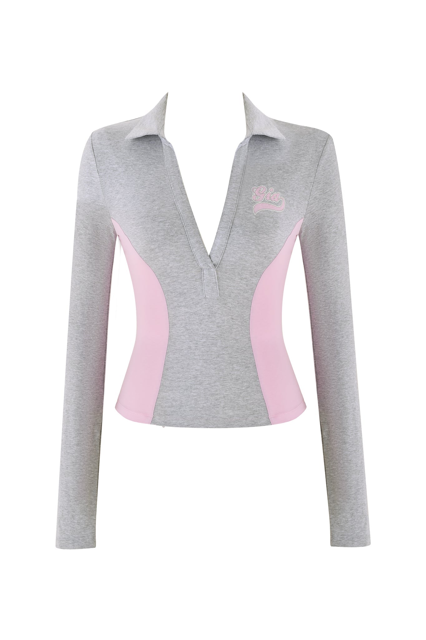 Introducing the JENNIFER TOP - GREY by I.AM.GIA: a stylish long-sleeved polo shirt in grey and pink, featuring a deep V-neck and collar. The design includes a fitted waist with embroidered text on the upper left side, crafted from comfortable, stretchy material for a sleek bodycon silhouette that's perfect for a sporty look.