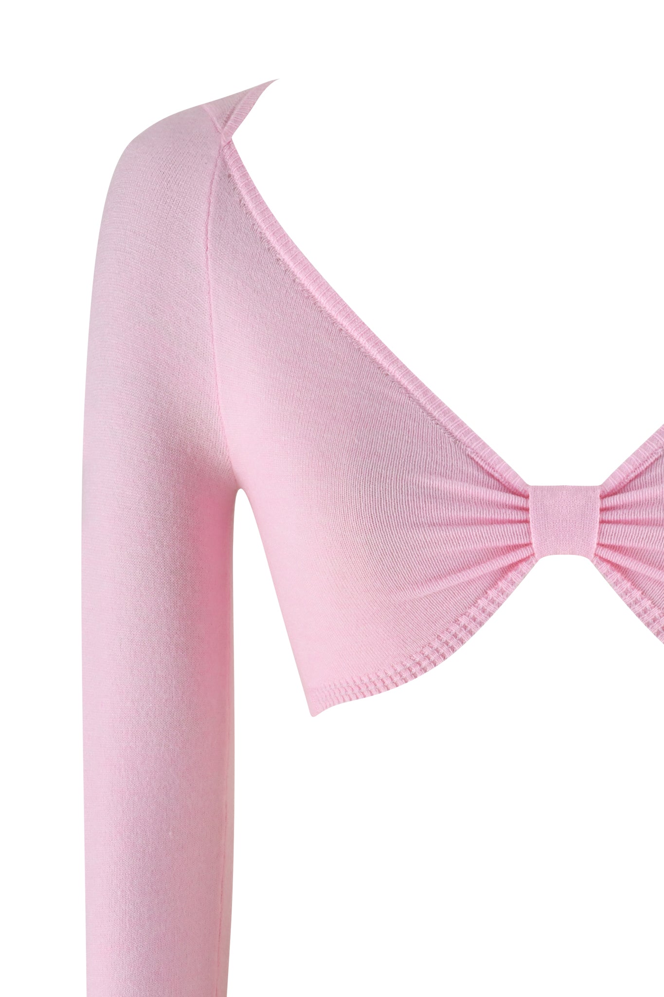 The MORGANA CROP TOP - PINK by I.AM.GIA is a baby pink super crop top with an off-the-shoulder design. The ultra-soft knit fabric has gathered details at the bust, creating a bow-like shape, shown on a white background to emphasize its elegant style.