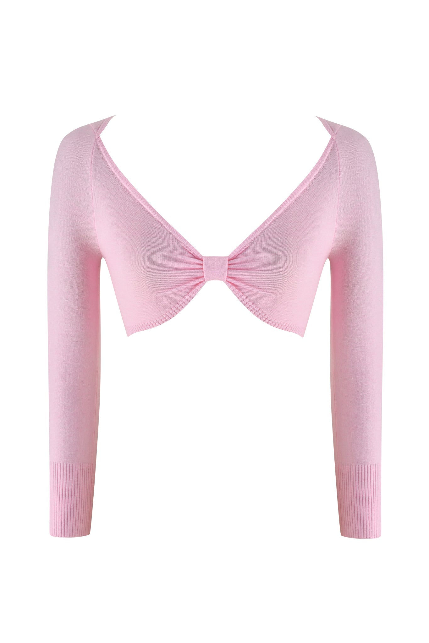 The MORGANA CROP TOP by I.AM.GIA features a baby pink ultra-soft knit with a plunging V-neck, center ruching, and long sleeves with ribbed cuffs for texture and charm.